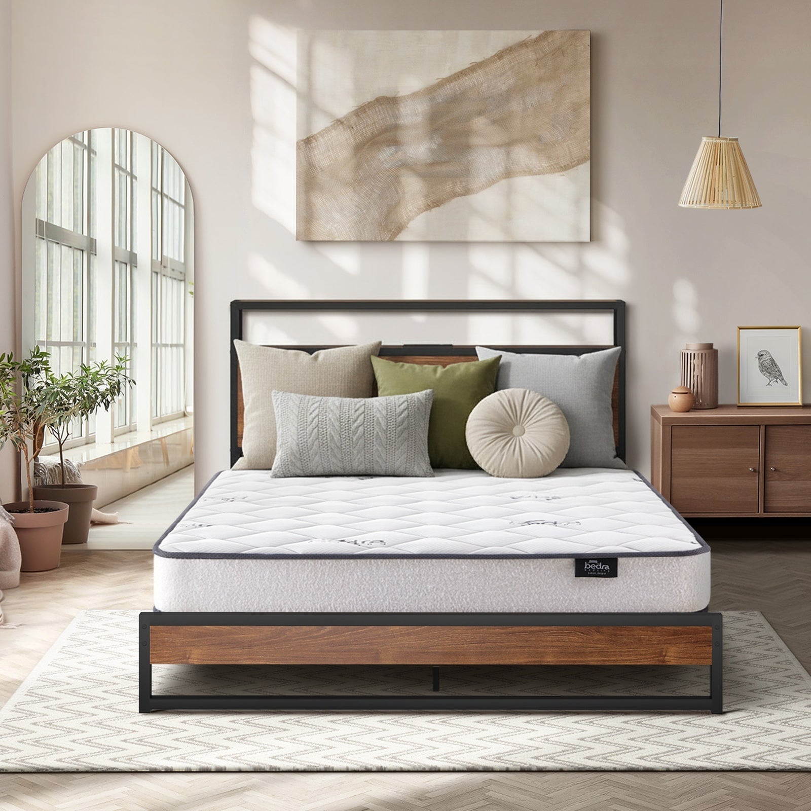 Oikiture Metal Bed Frame Double Size LED Storage USB with Mattress - Sunyee