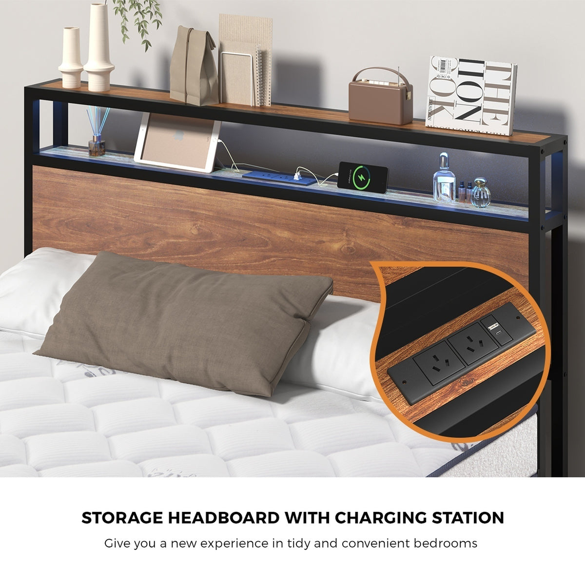 Oikiture Metal Bed Frame Double Queen King Size LED Storage USB with Mattress