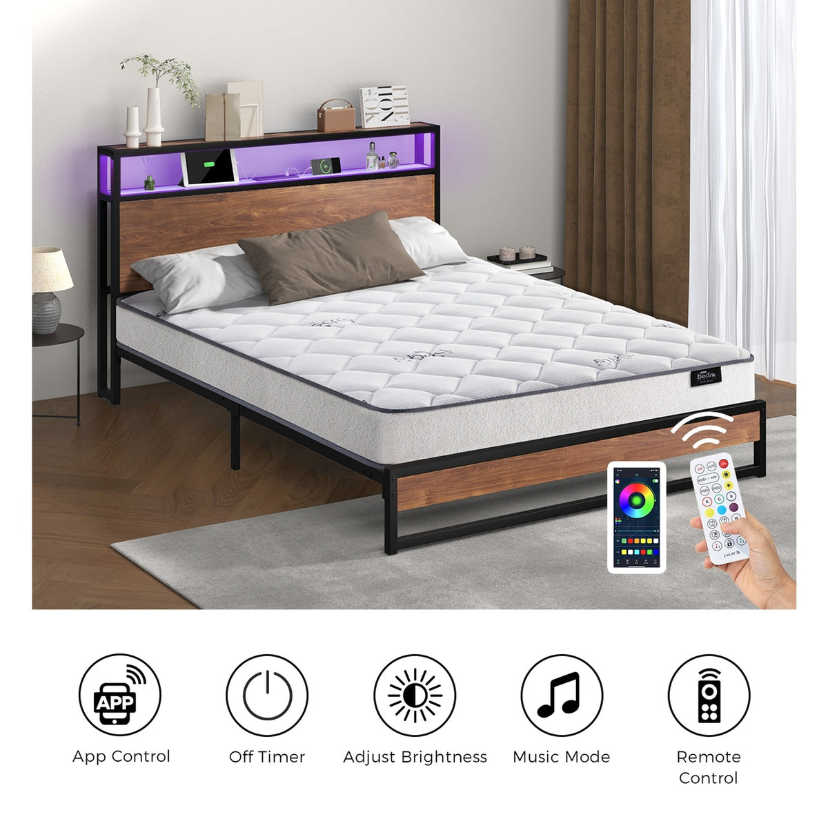 Oikiture Metal Bed Frame Double Queen King Size LED Storage USB with Mattress