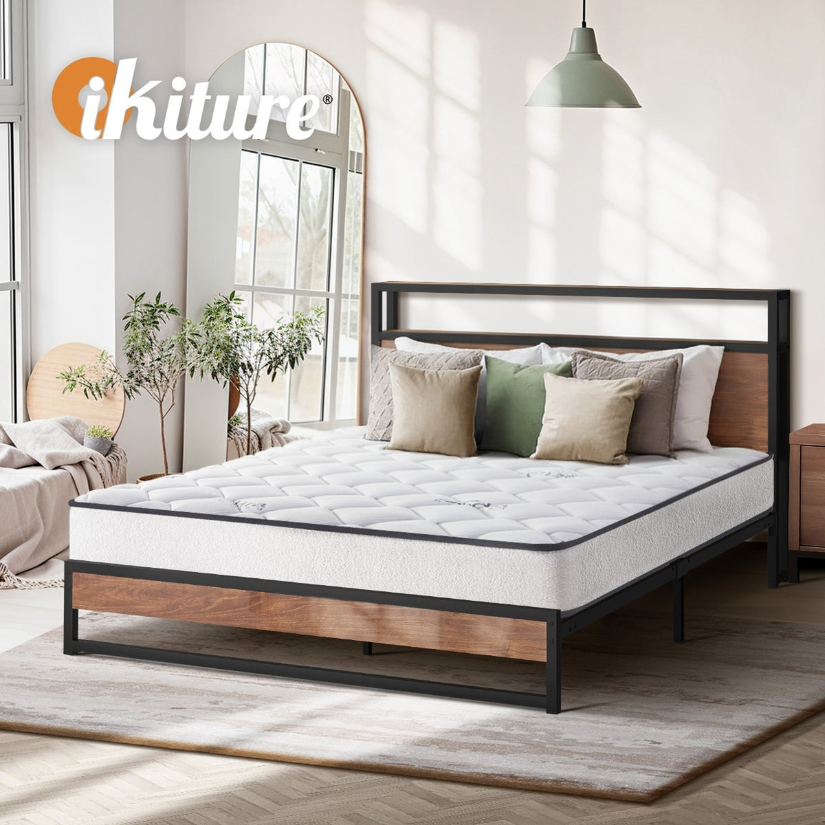 Oikiture Metal Bed Frame Double Queen King Size LED Storage USB with Mattress