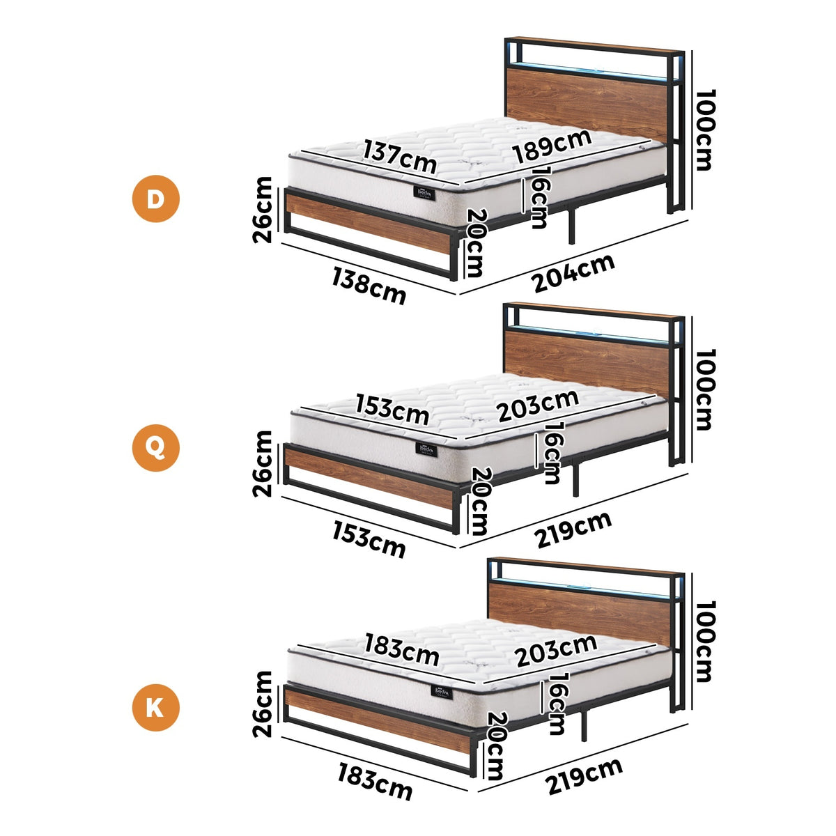 Oikiture Metal Bed Frame Double Queen King Size LED Storage USB with Mattress