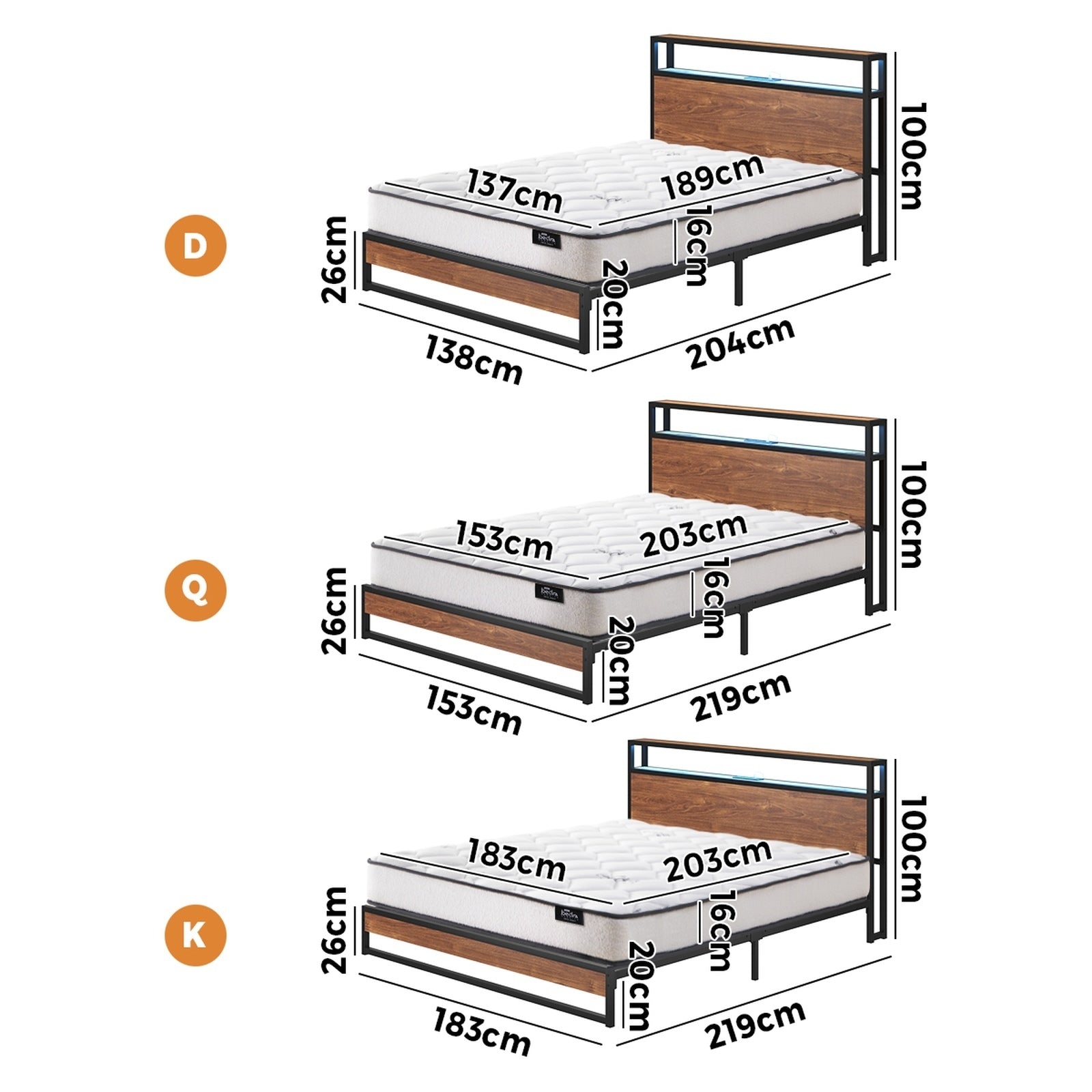 Oikiture Metal Bed Frame Queen Size LED Storage USB with Mattress - Sunyee