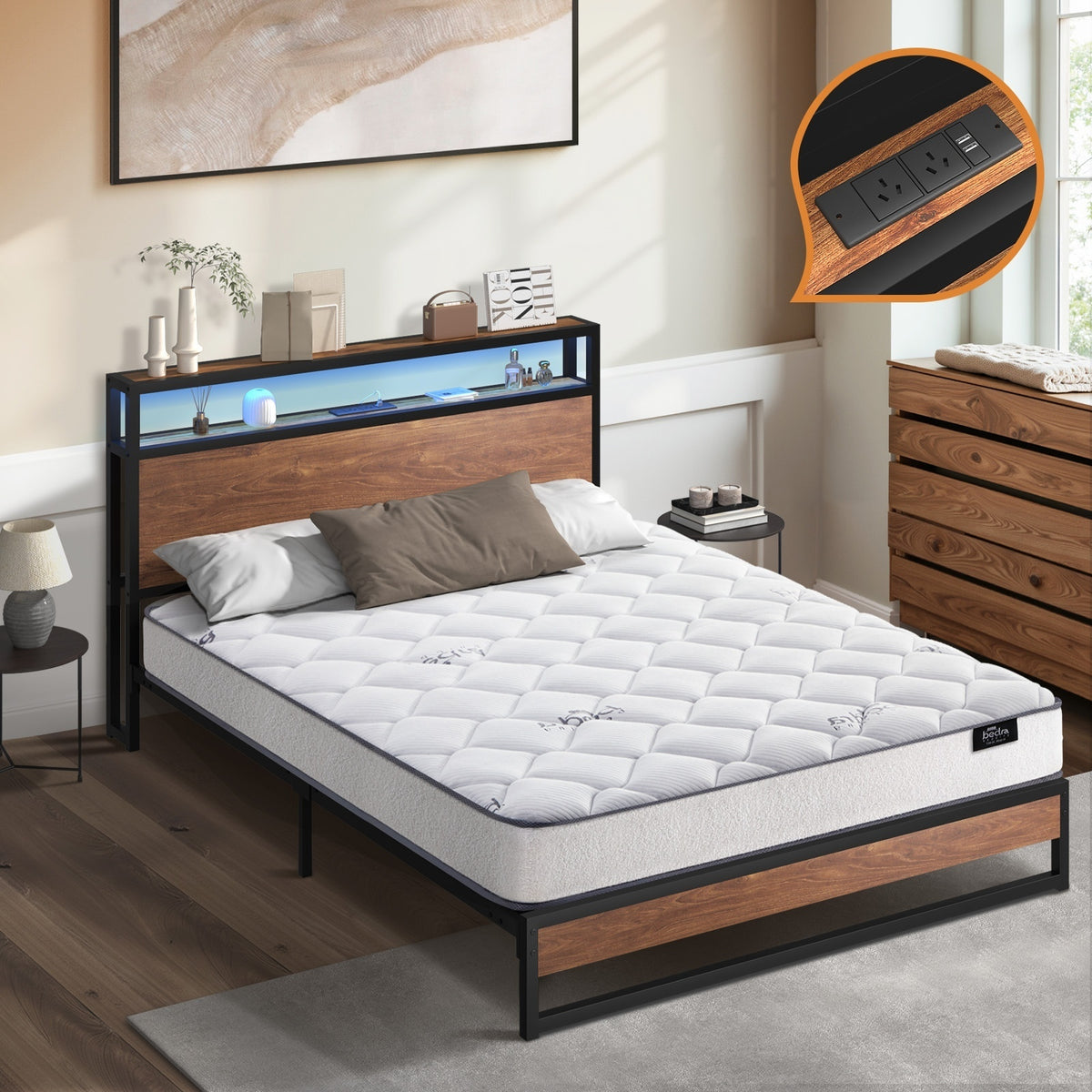 Oikiture Metal Bed Frame Double Queen King Size LED Storage USB with Mattress