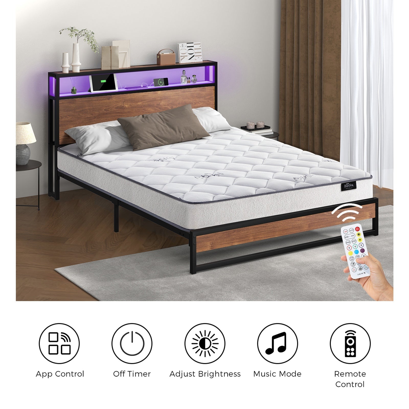 Oikiture Metal Bed Frame Queen Size LED Storage USB with Mattress - Sunyee