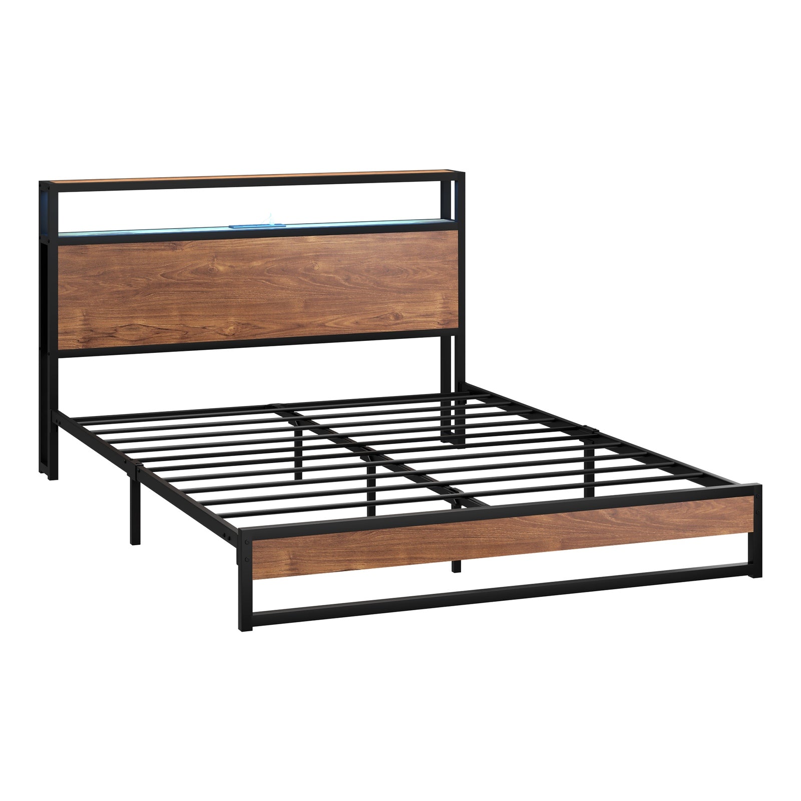 Oikiture Metal Bed Frame Queen Size LED Light Storage Headboard USB Charge - Sunyee