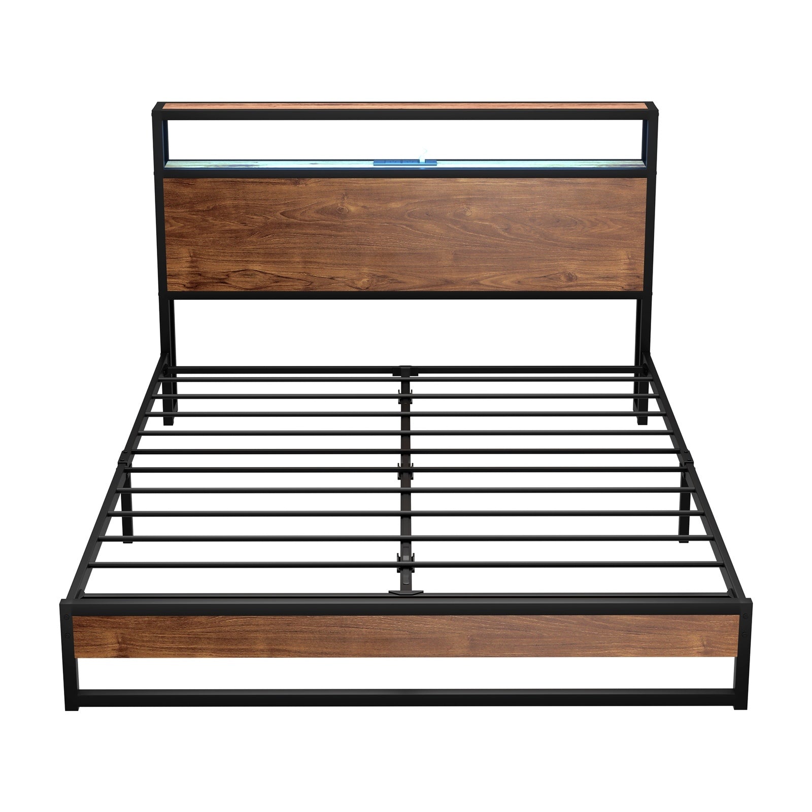 Oikiture Metal Bed Frame Queen Size LED Light Storage Headboard USB Charge - Sunyee