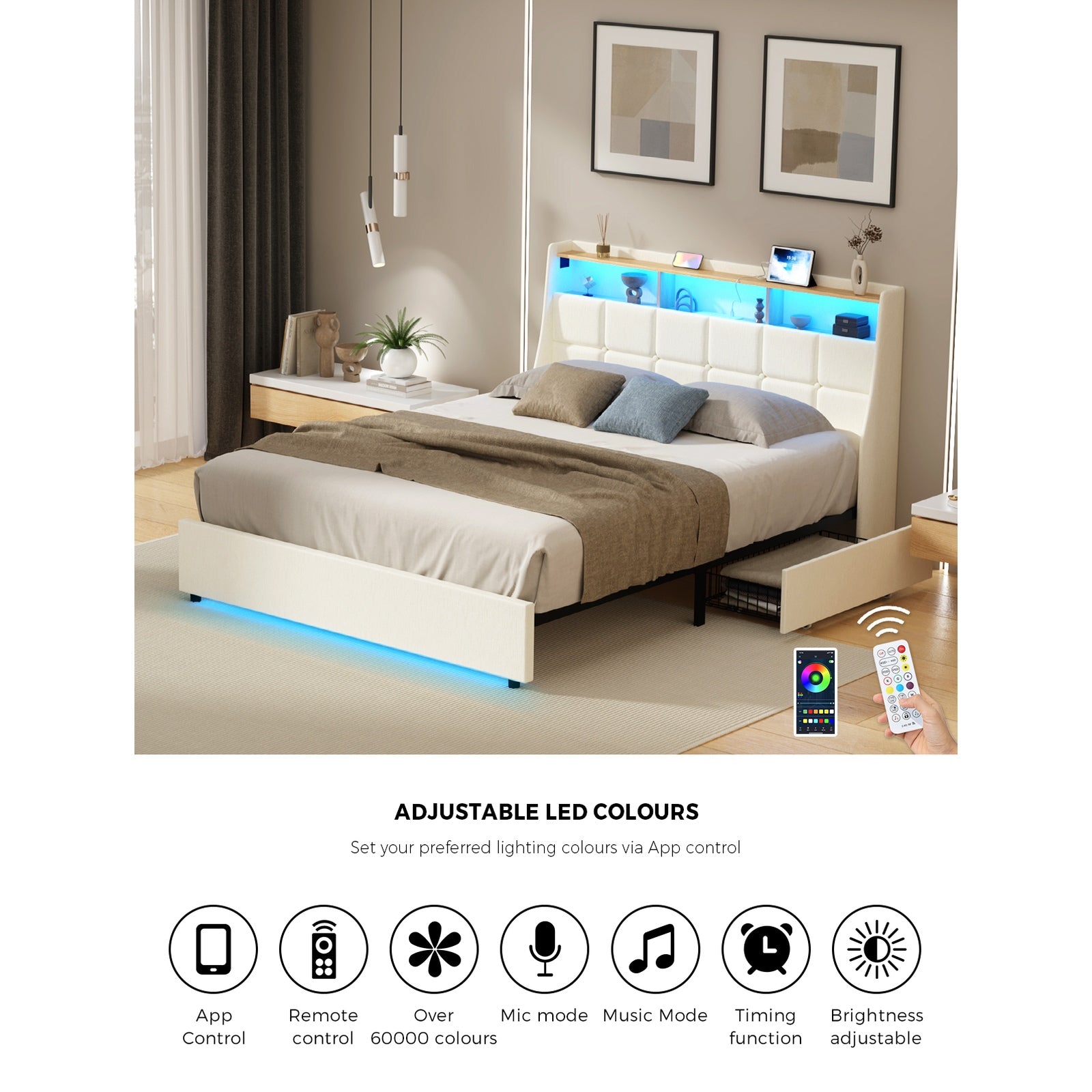 Oikiture Double Size Bed Frame Headboard RGB Lights with Drawer USB Charge Beige