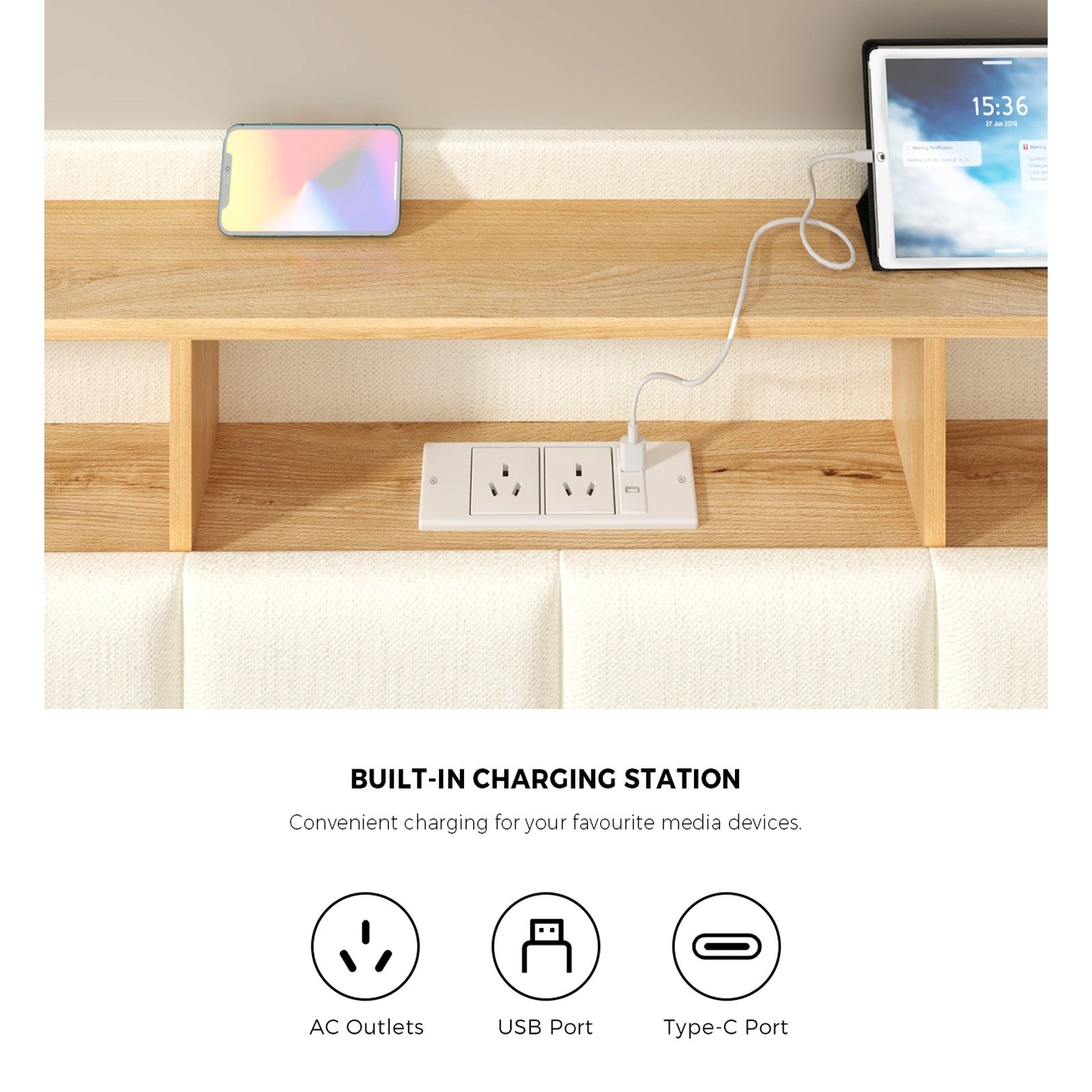 Oikiture Double Size Bed Frame Headboard RGB Lights with Drawer USB Charge Beige