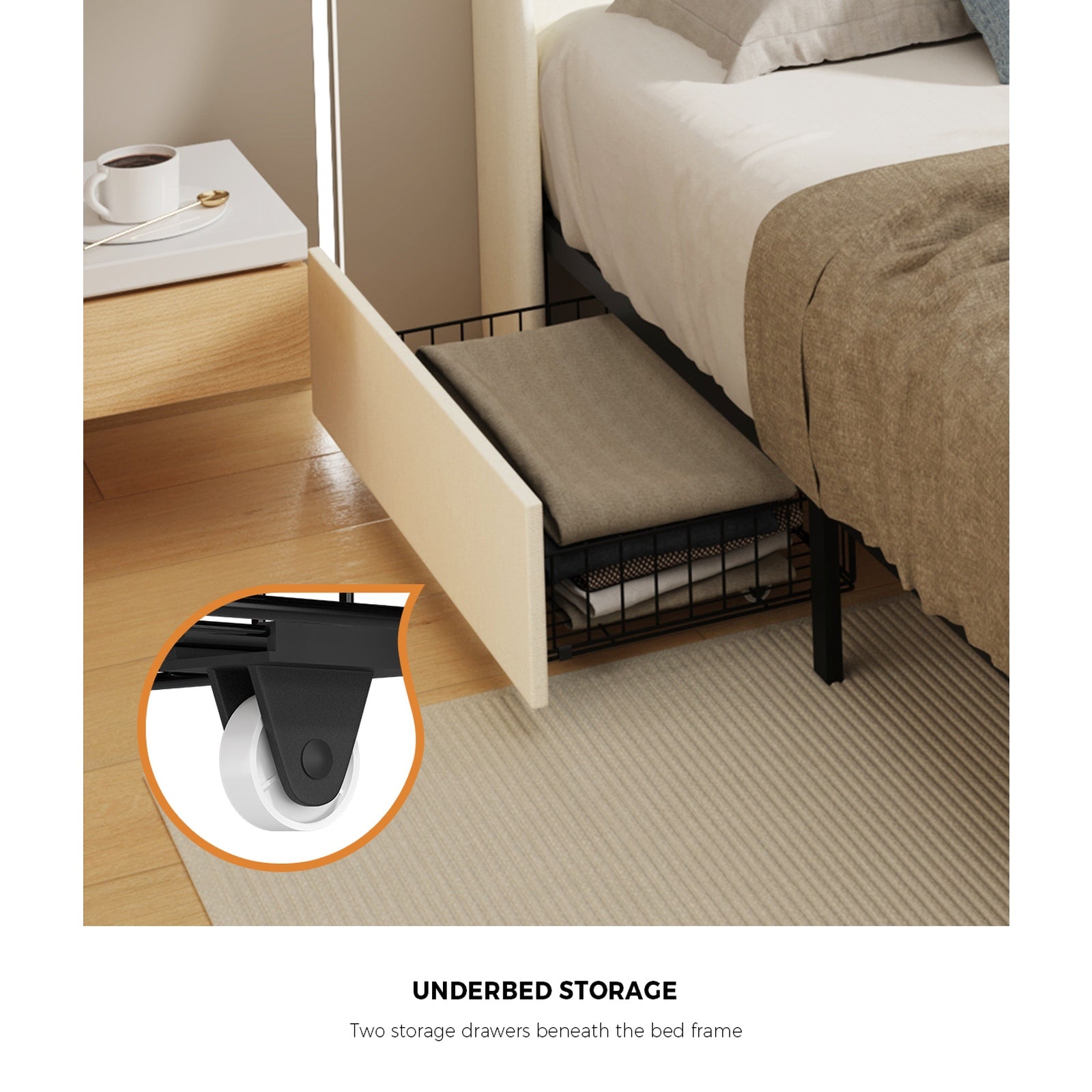 Oikiture Double Size Bed Frame Headboard RGB Lights with Drawer USB Charge Beige