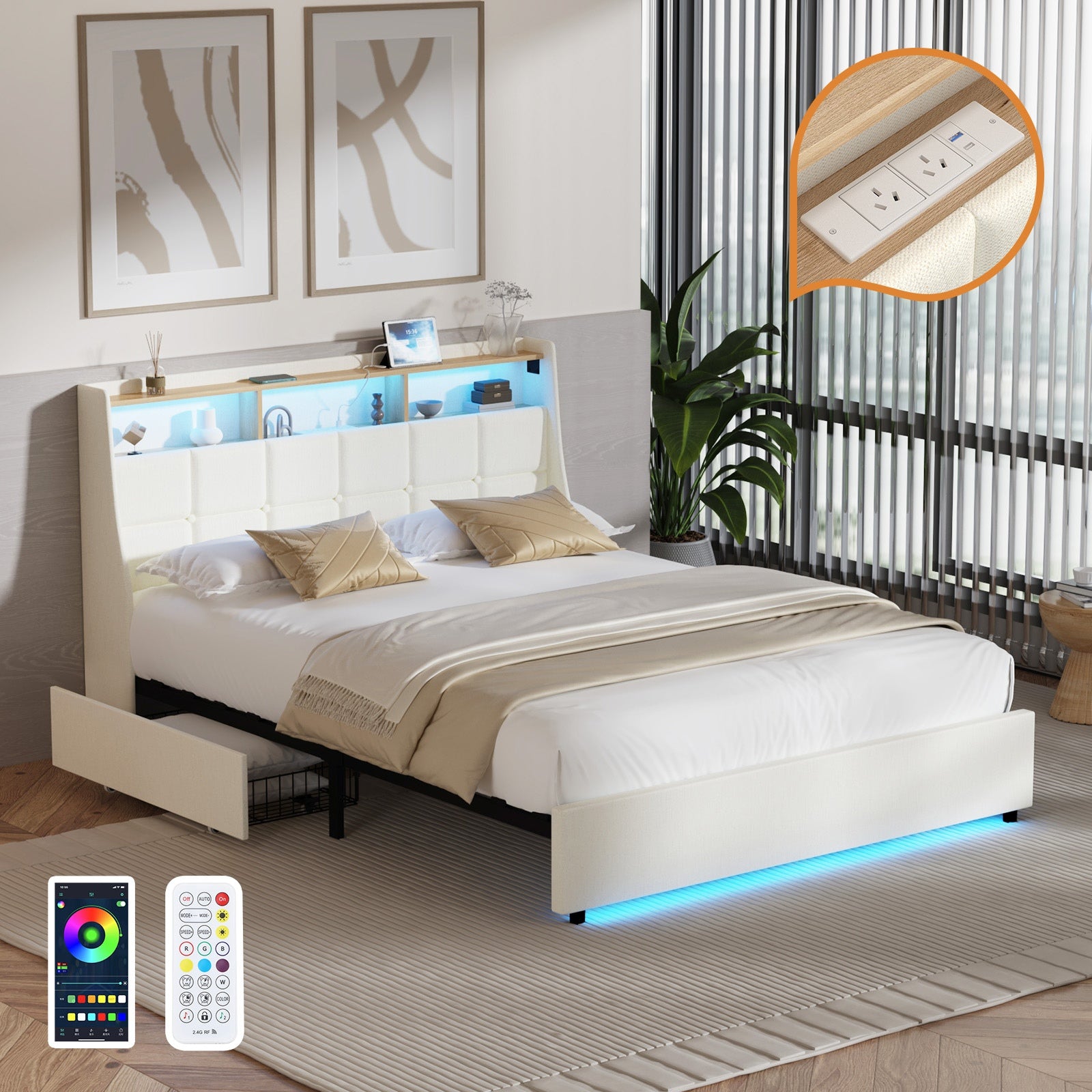 Oikiture Double Size Bed Frame Headboard RGB Lights with Drawer USB Charge Beige