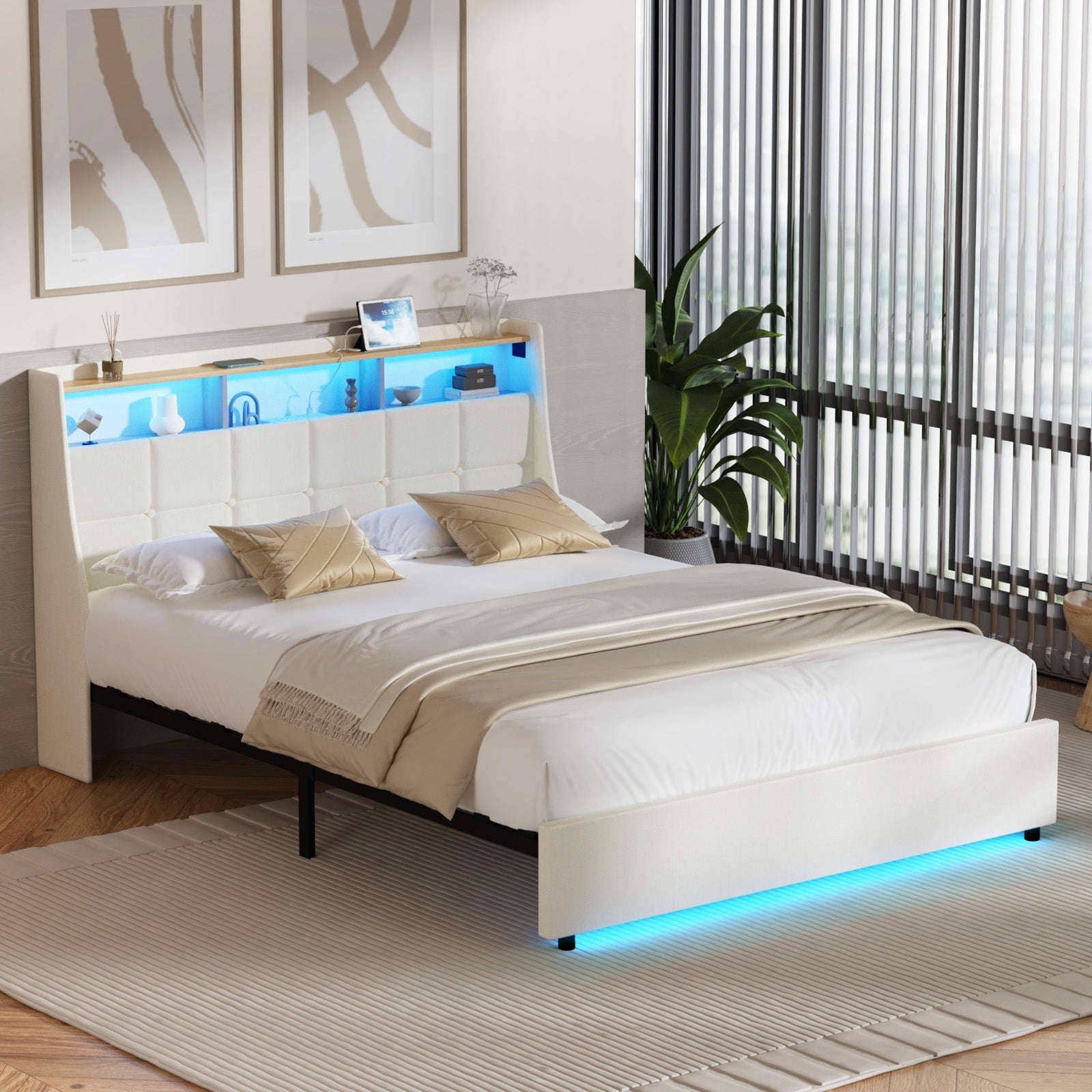Oikiture Double Size Bed Frame with LED Storage Headboard USB Charging Beige