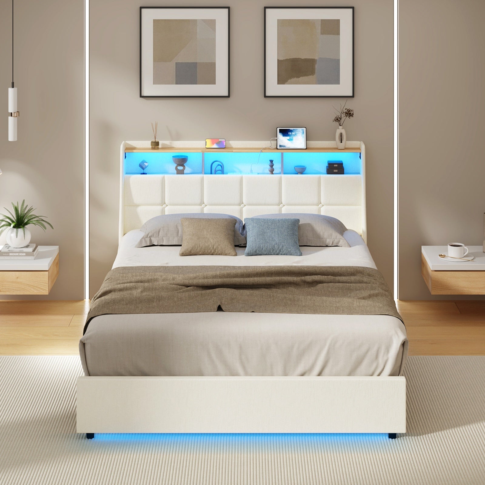 Oikiture Double Size Bed Frame with LED Storage Headboard USB Charging Beige