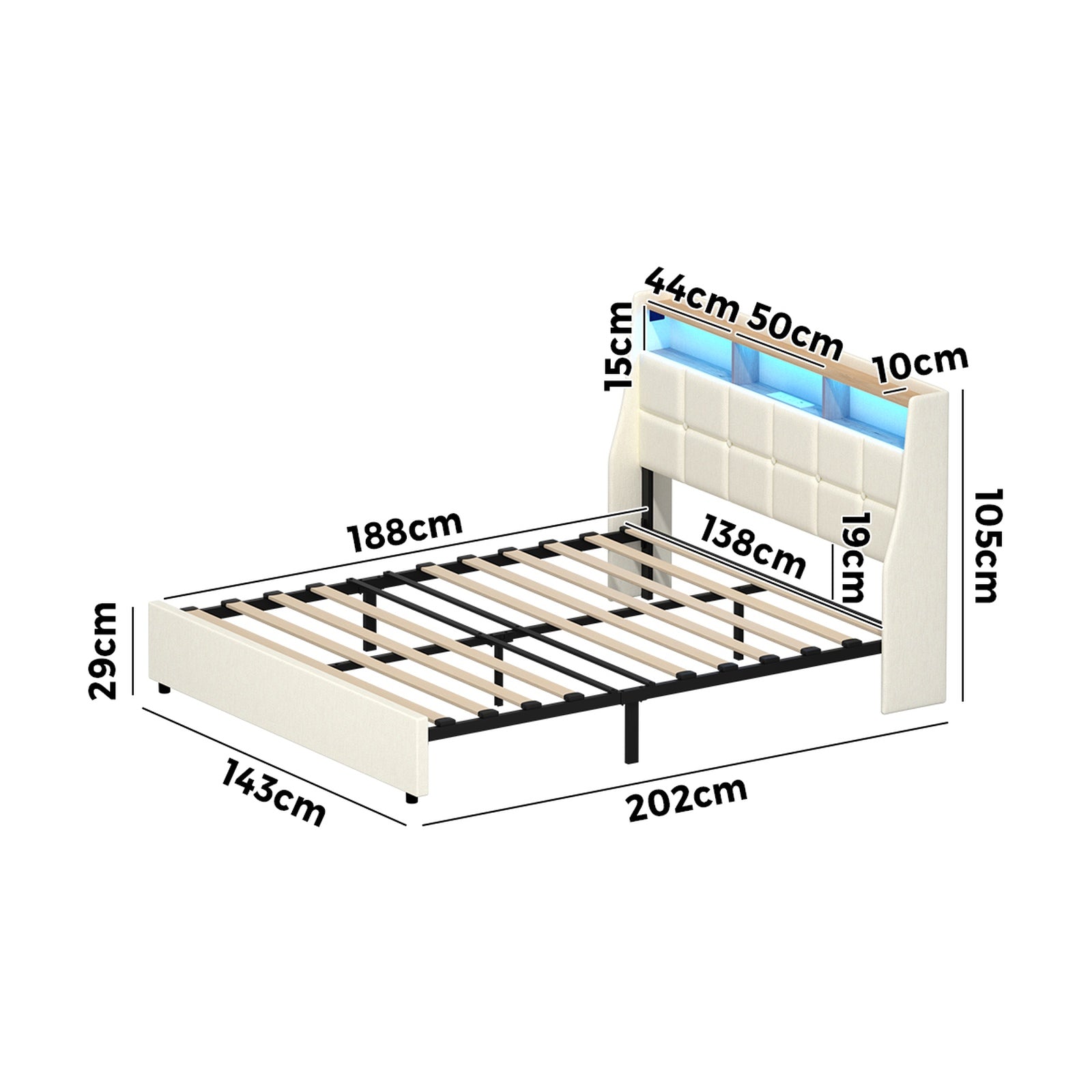 Oikiture Double Size Bed Frame with LED Storage Headboard USB Charging Beige