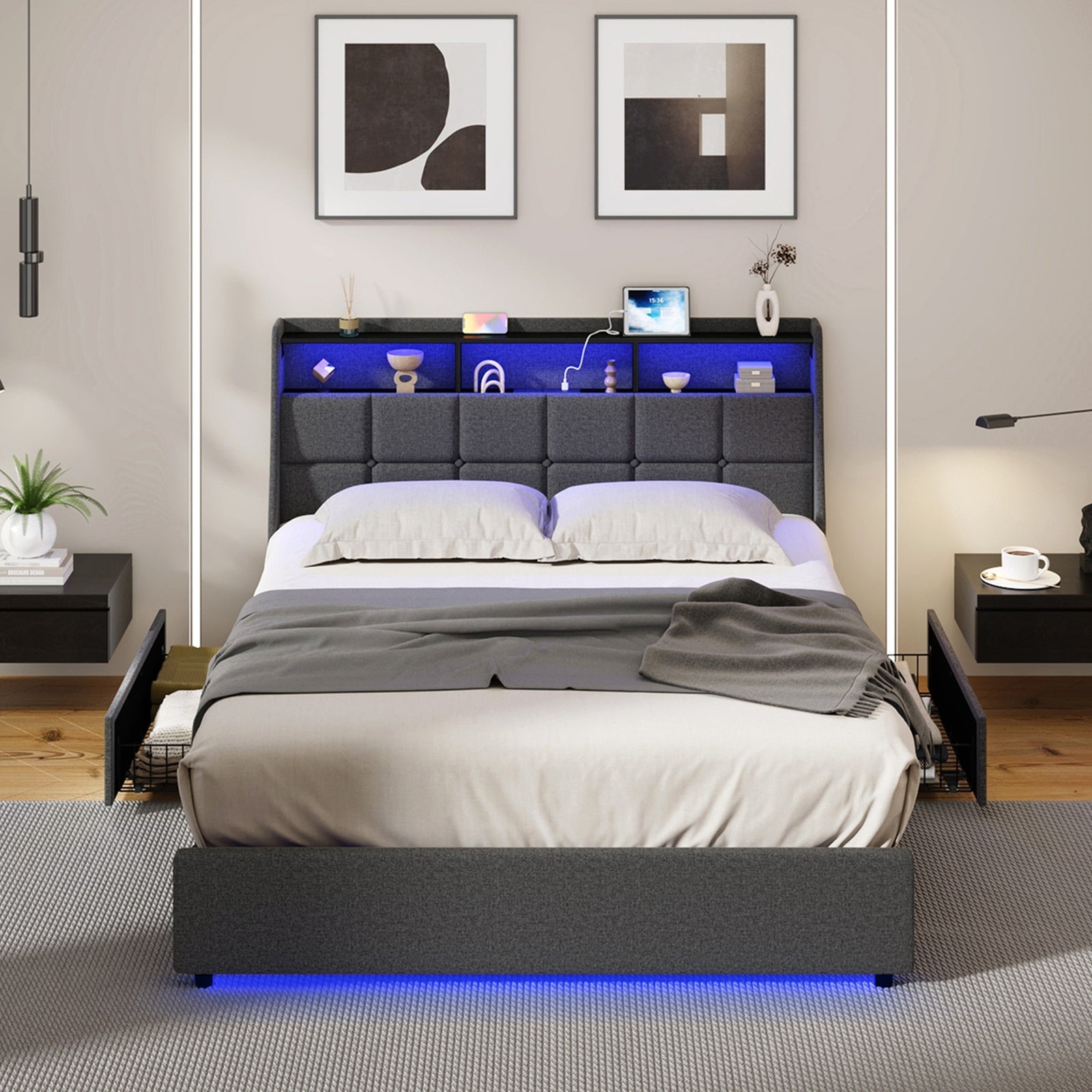 Oikiture Double Size Bed Frame Headboard RGB LED Lights with Drawer USB Charge - Sunyee