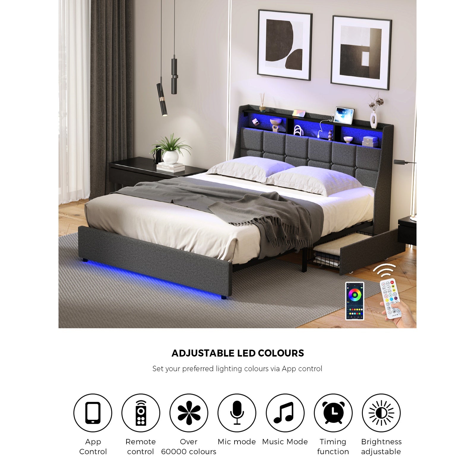 Oikiture Double Size Bed Frame Headboard RGB LED Lights with Drawer USB Charge - Sunyee