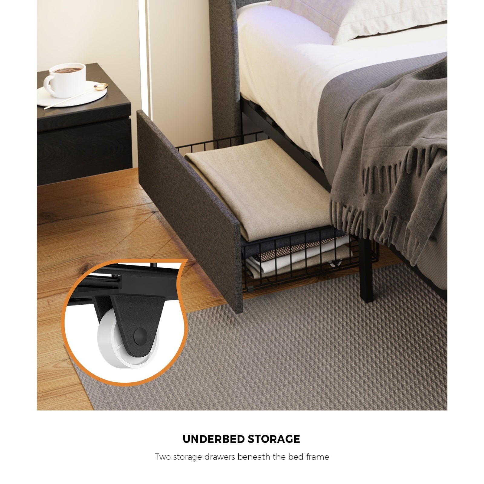 Oikiture Double Size Bed Frame Headboard RGB LED Lights with Drawer USB Charge - Sunyee