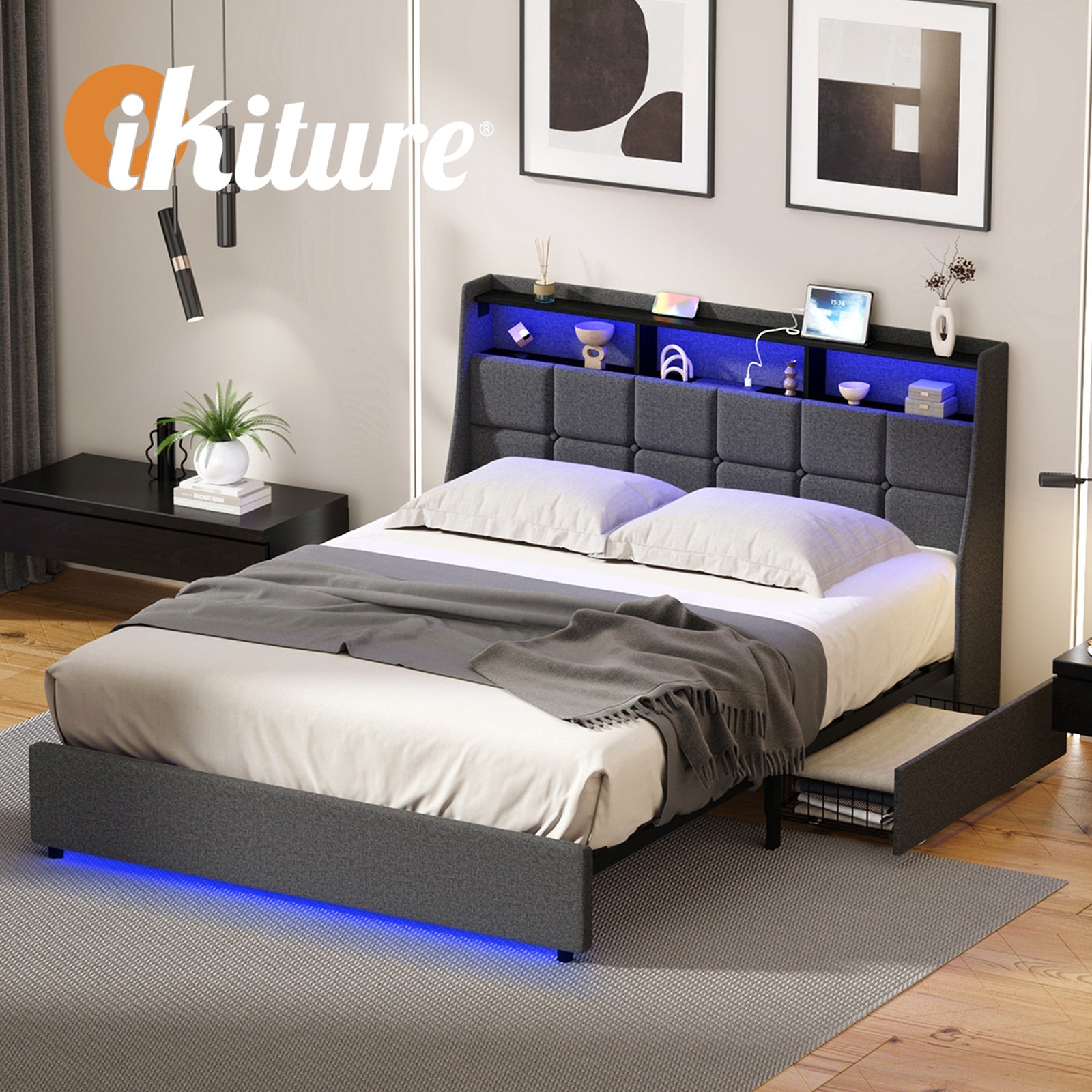 Oikiture Double Size Bed Frame Headboard RGB LED Lights with Drawer USB Charge - Sunyee