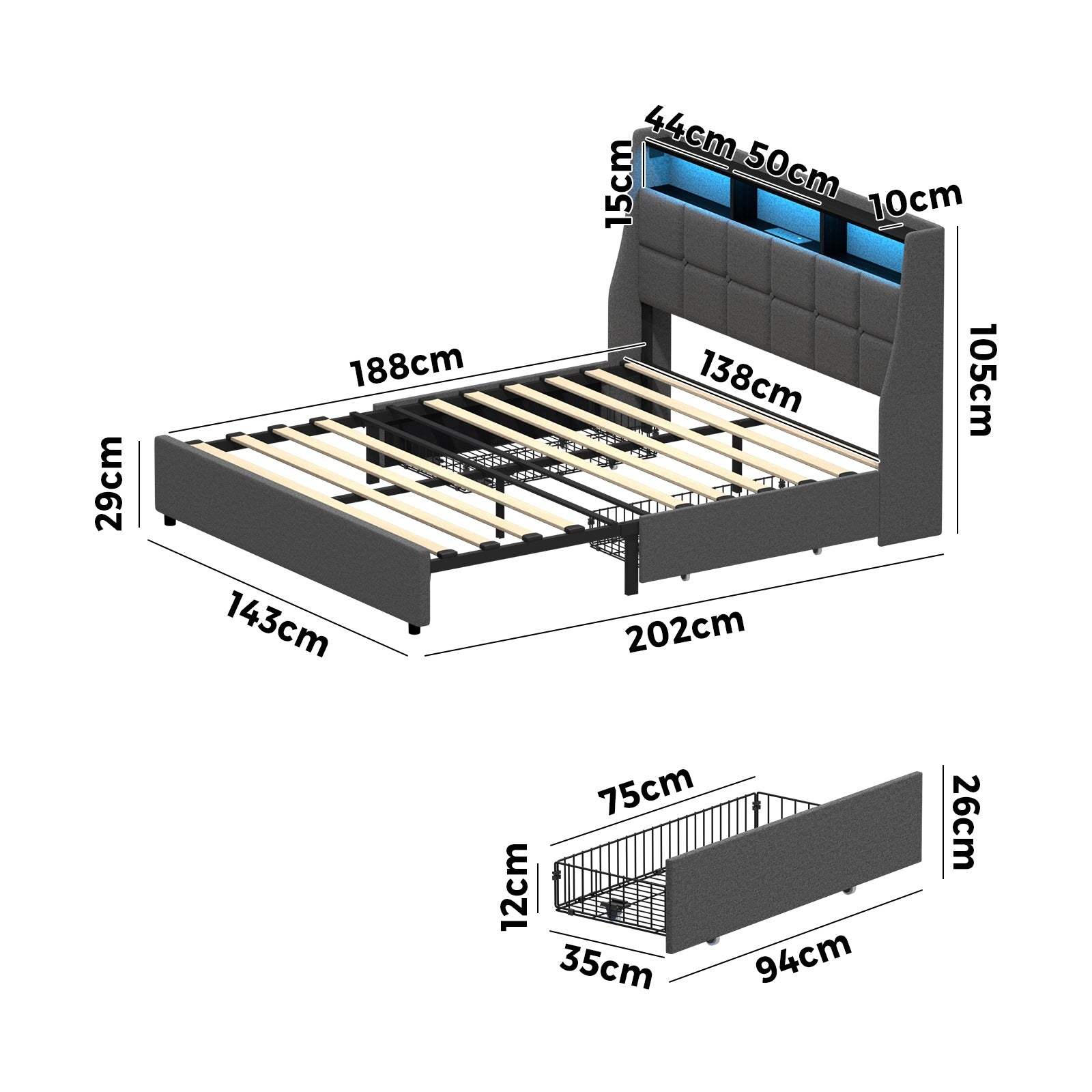 Oikiture Double Size Bed Frame Headboard RGB LED Lights with Drawer USB Charge - Sunyee