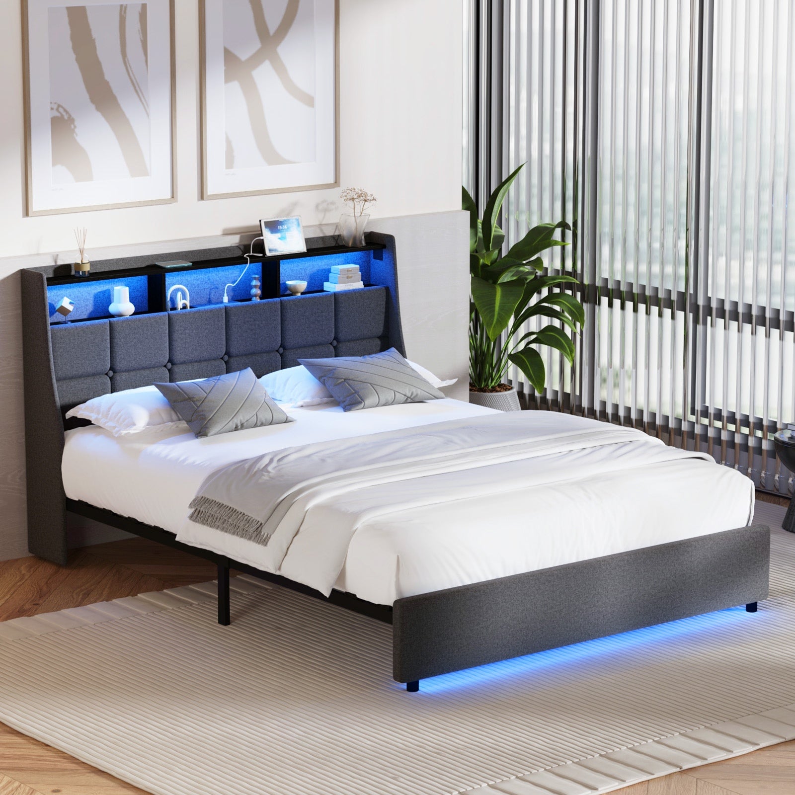 Oikiture Double Size Bed Frame With LED Storage Headboard USB Charging - Sunyee