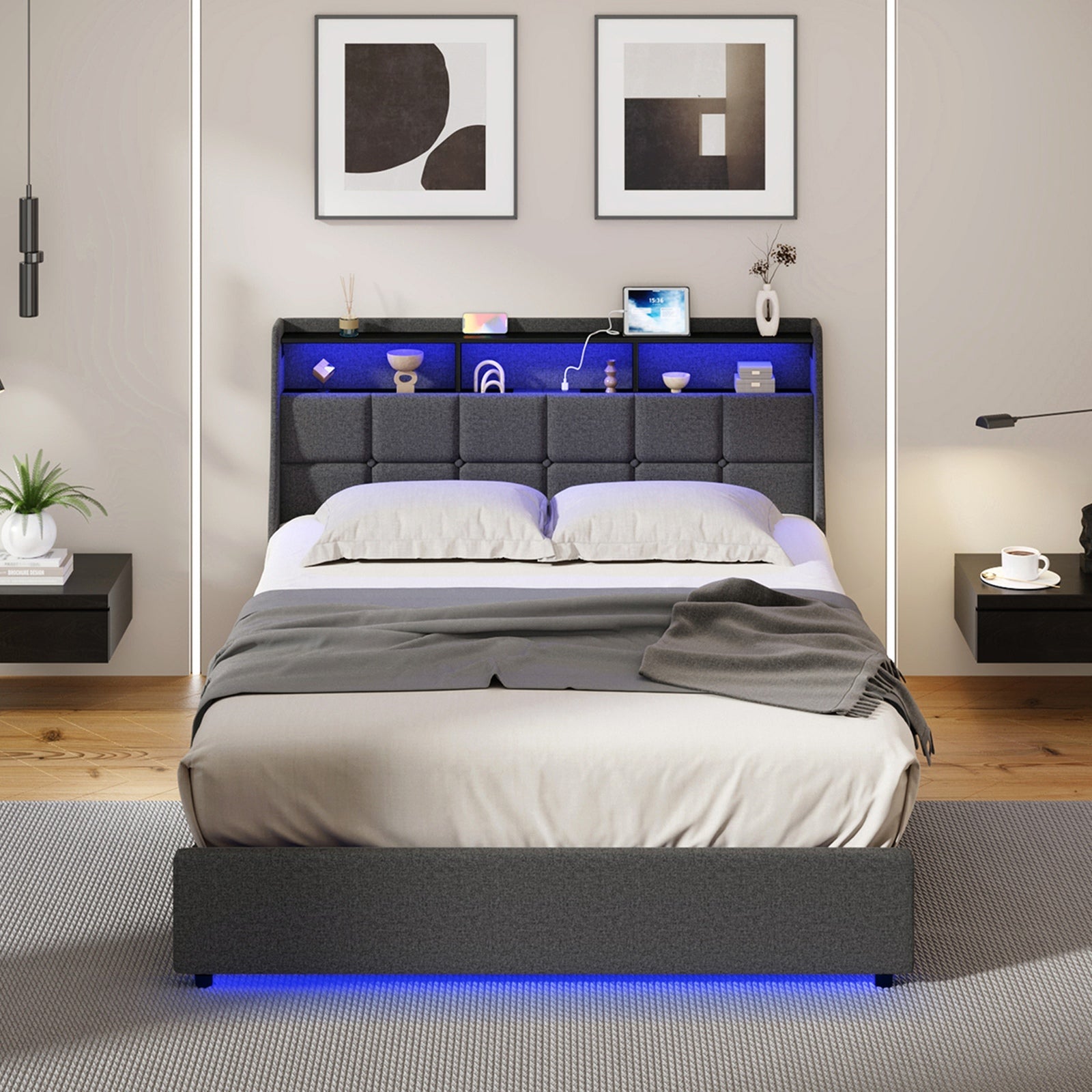Oikiture Double Size Bed Frame With LED Storage Headboard USB Charging - Sunyee
