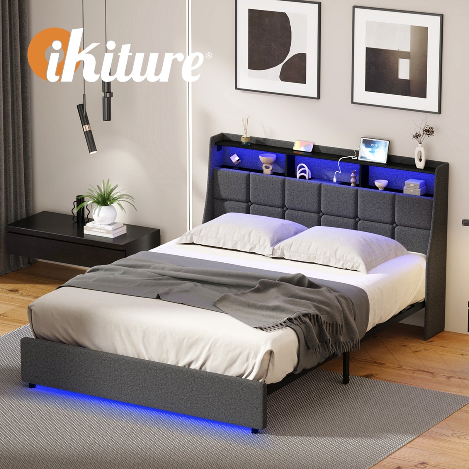 Oikiture Double Size Bed Frame With LED Storage Headboard USB Charging - Sunyee