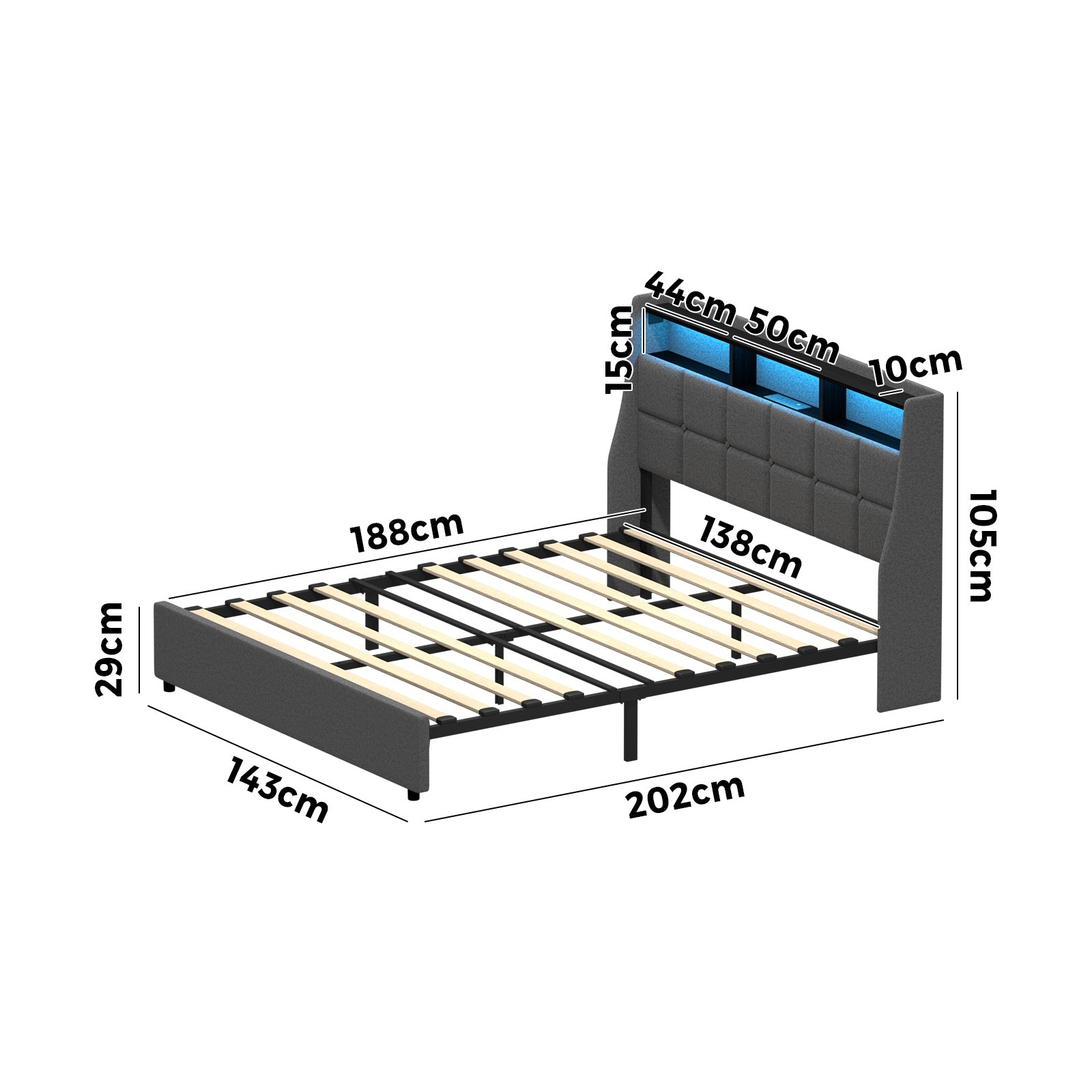 Oikiture Double Size Bed Frame With LED Storage Headboard USB Charging - Sunyee
