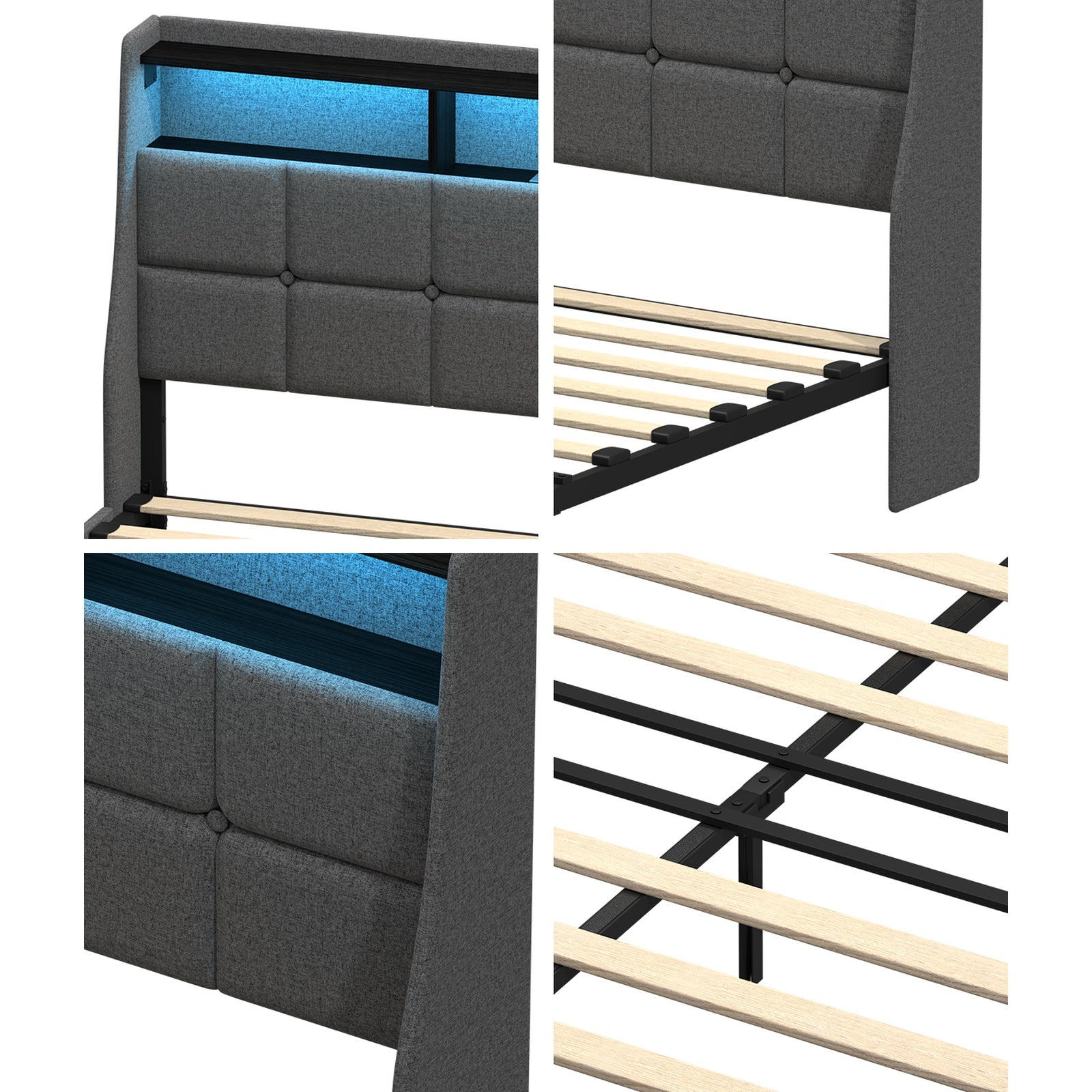 Oikiture Bed Frame Queen Double King Size LED Storge Headboard With USB Charging - Sunyee