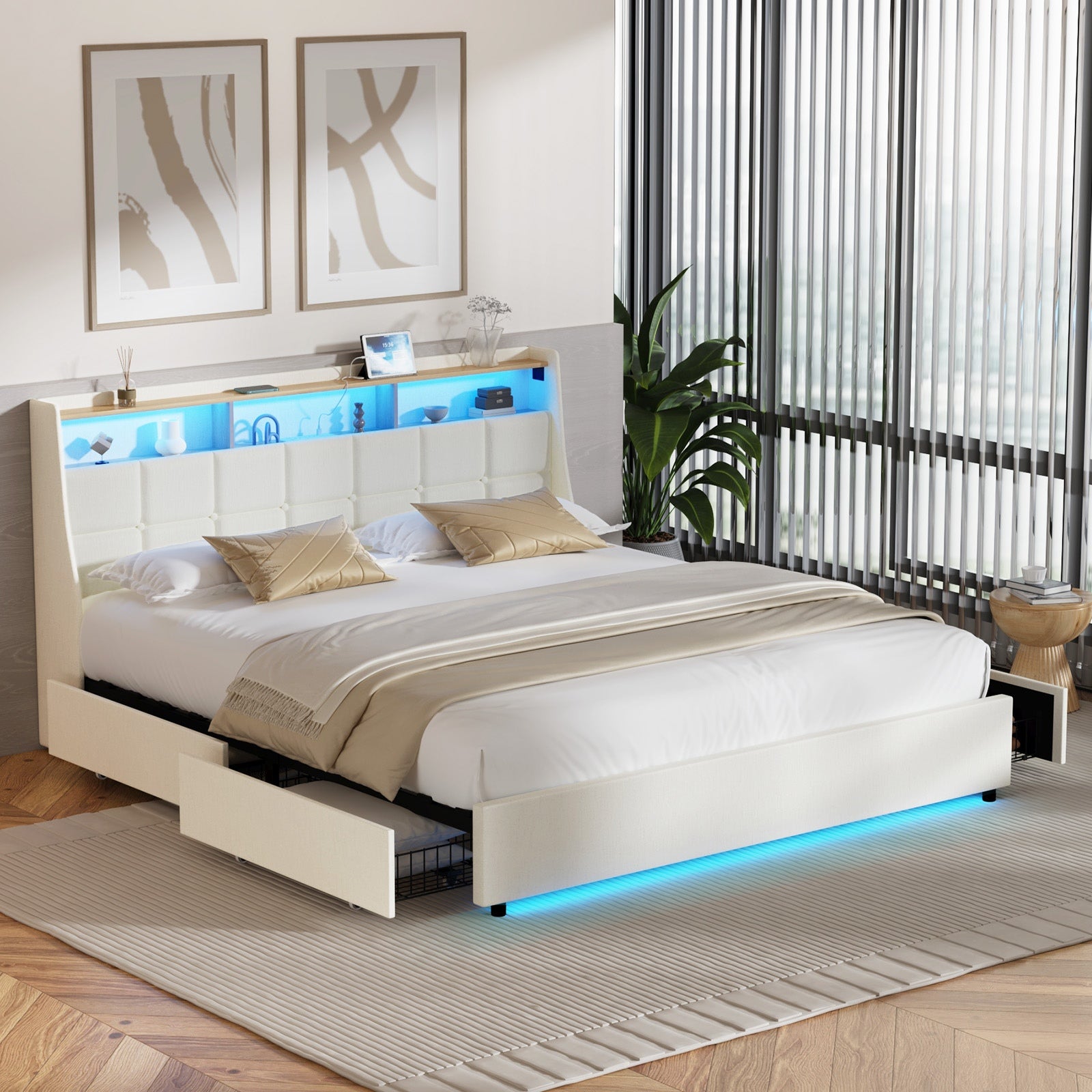 Oikiture King Size Bed Frame Headboard RGB Lights with Drawer USB Charge Beige