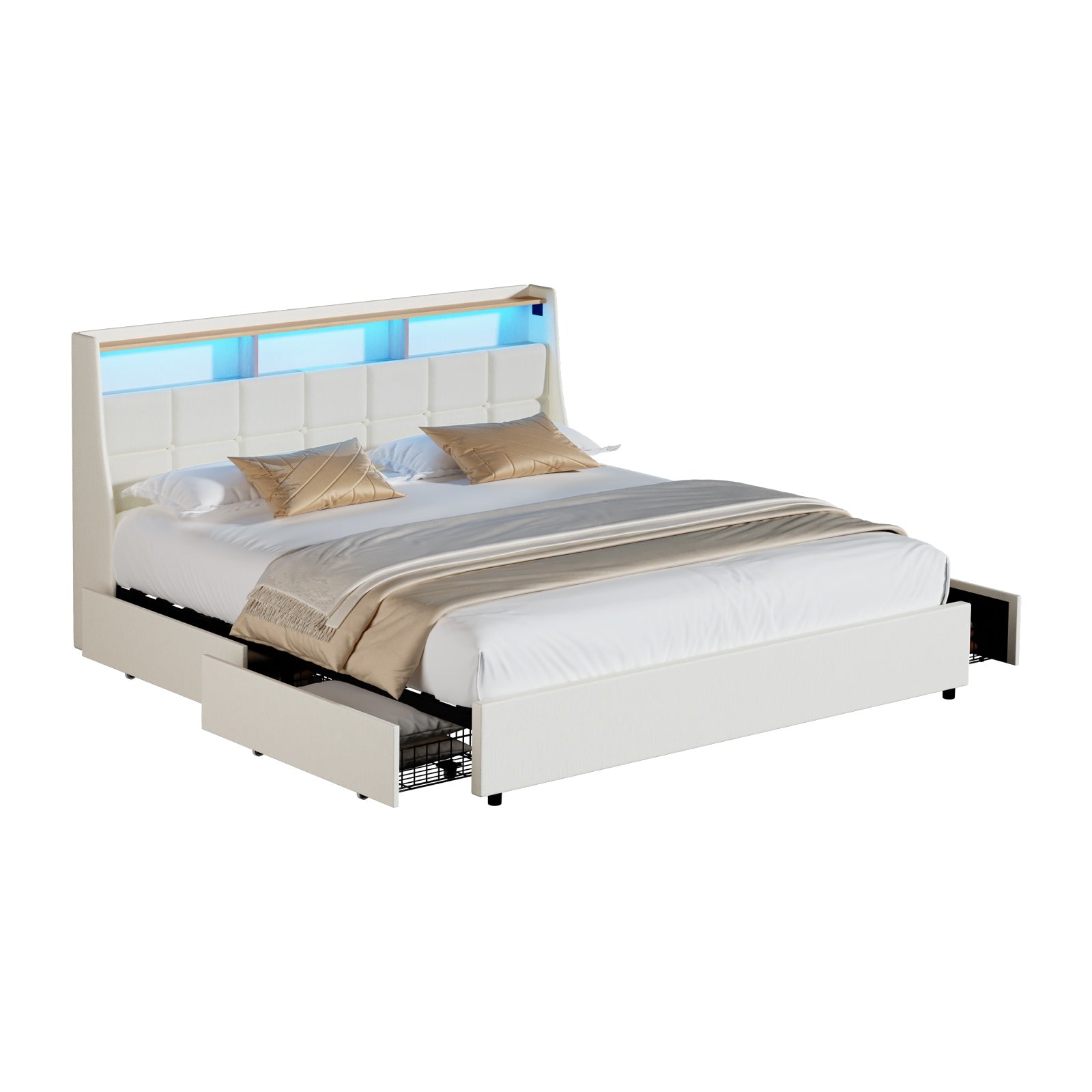 Oikiture King Size Bed Frame Headboard RGB Lights with Drawer USB Charge Beige