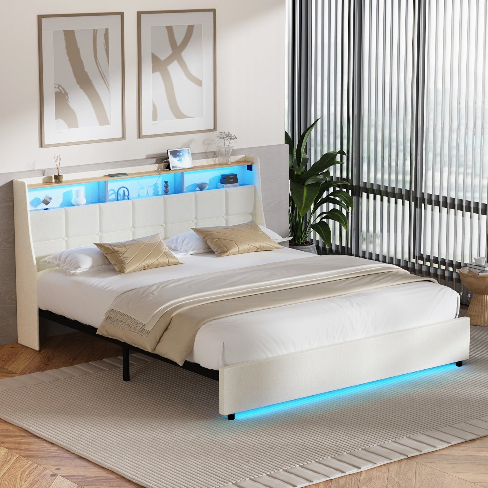 Oikiture King Size Bed Frame with LED Storage Headboard USB Charging Beige