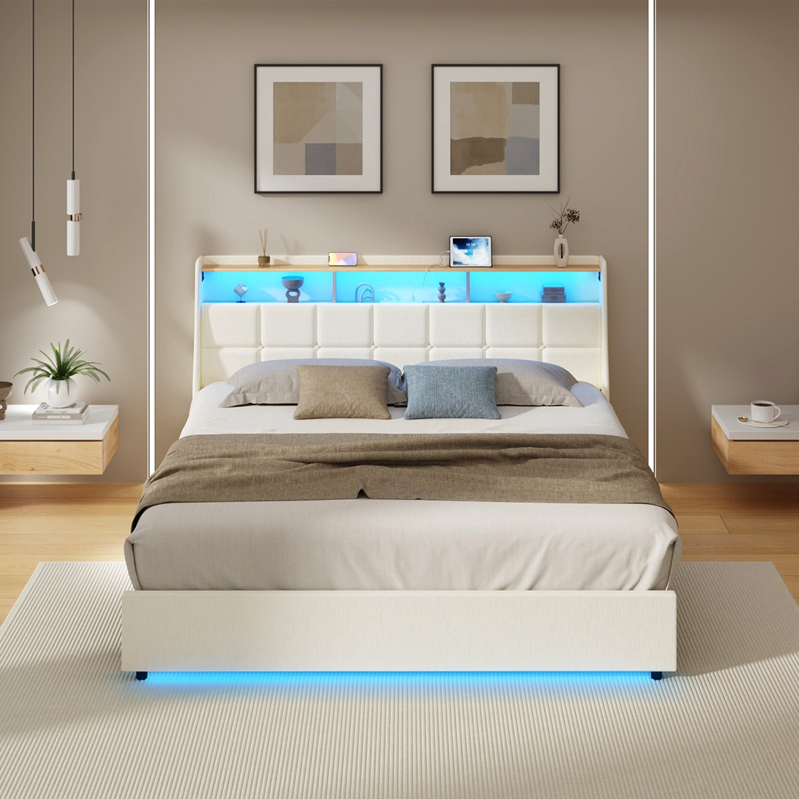 Oikiture King Size Bed Frame with LED Storage Headboard USB Charging Beige
