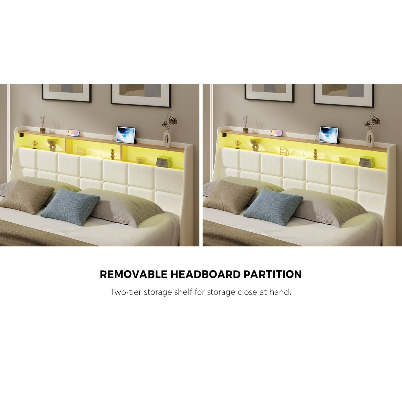 Oikiture King Size Bed Frame with LED Storage Headboard USB Charging Beige