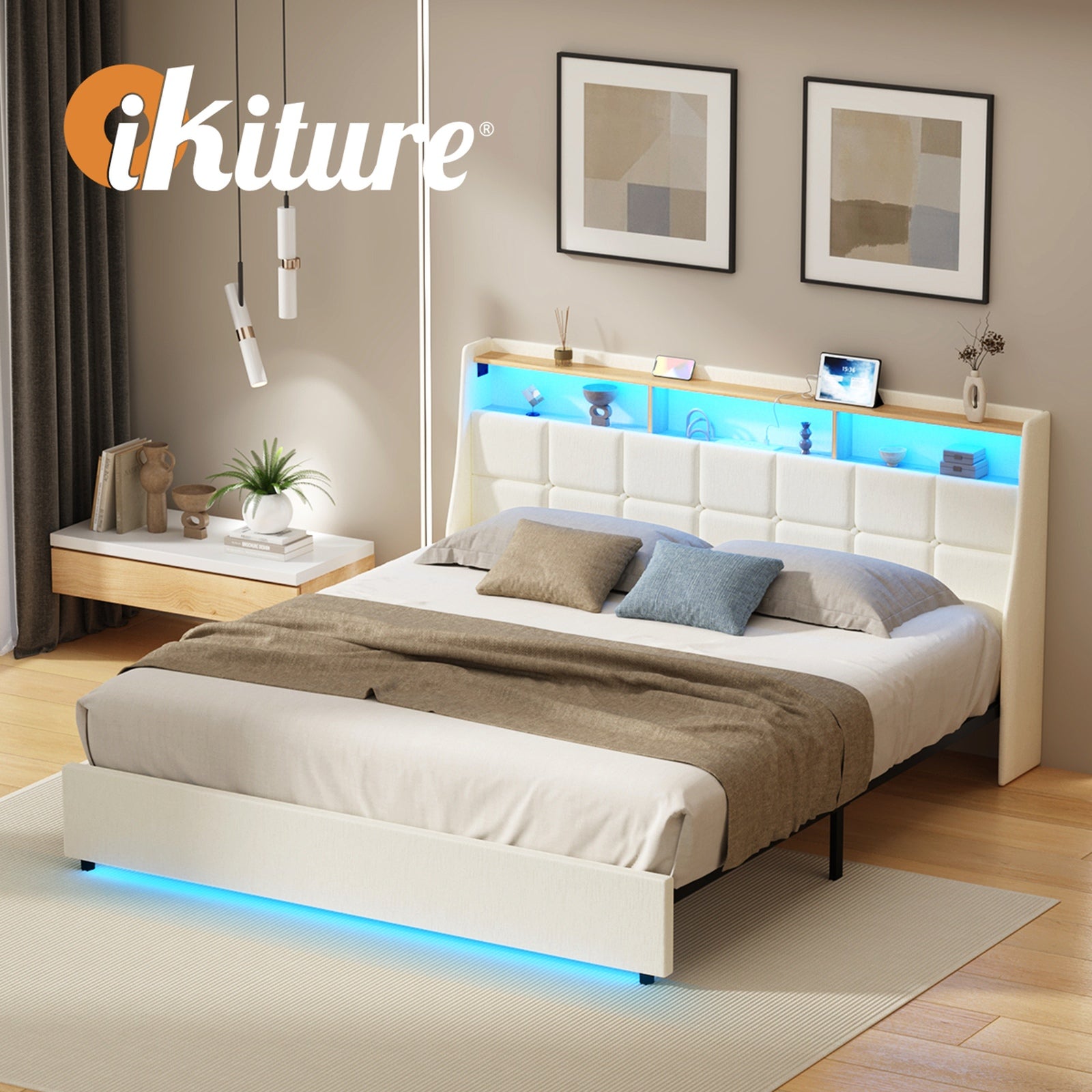 Oikiture King Size Bed Frame with LED Storage Headboard USB Charging Beige