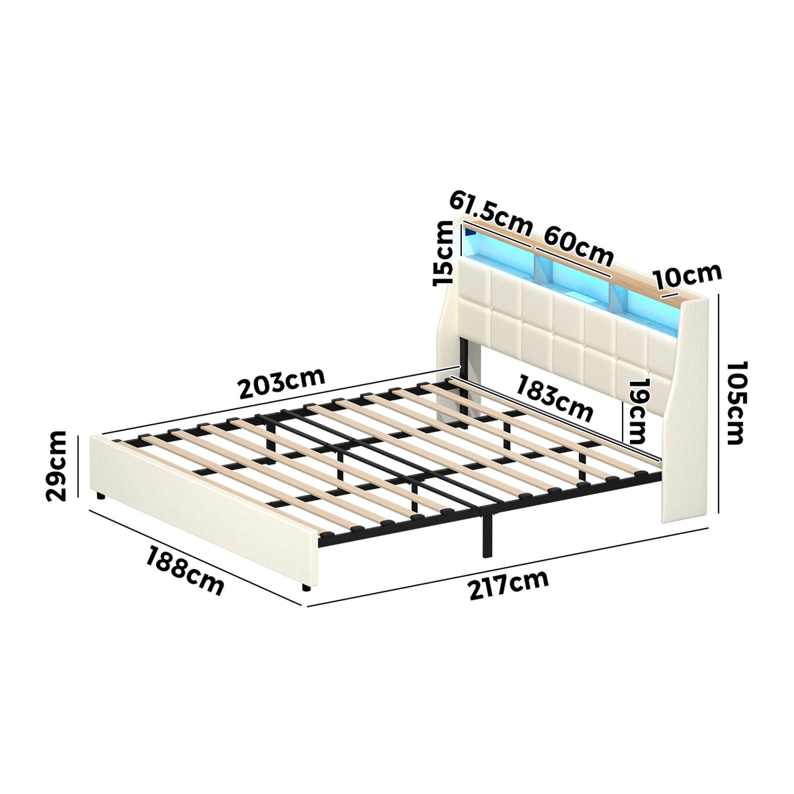 Oikiture King Size Bed Frame with LED Storage Headboard USB Charging Beige