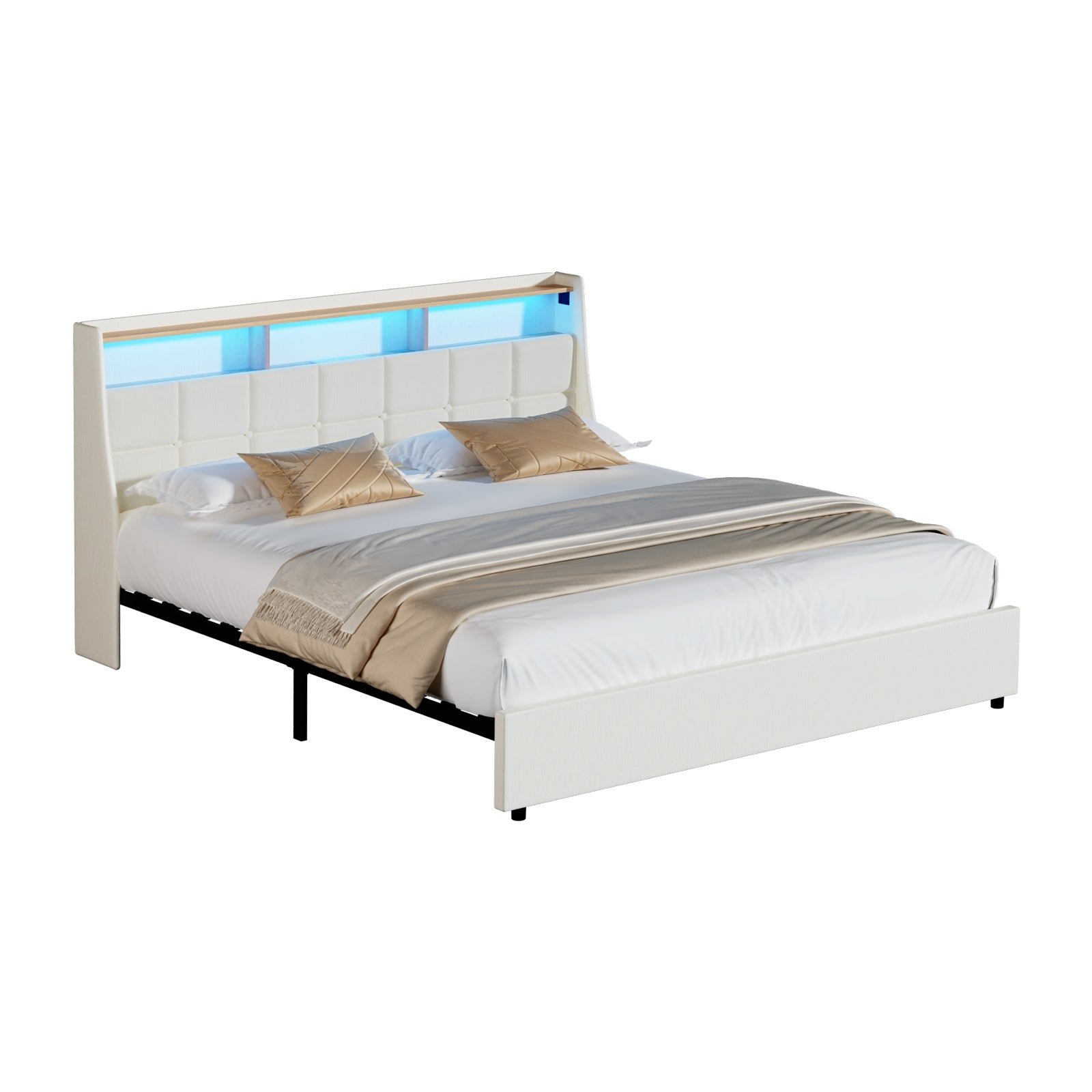 Oikiture King Size Bed Frame with LED Storage Headboard USB Charging Beige