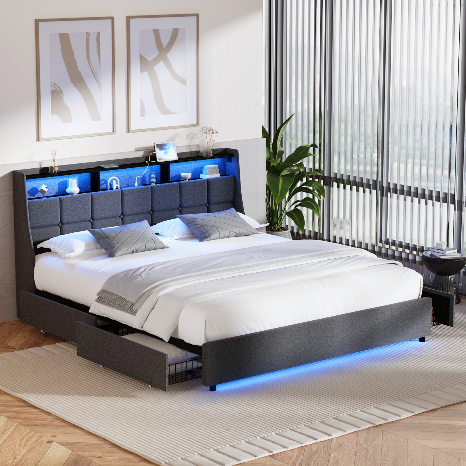 Oikiture Queen Double King Bed Frame w/ LED Storage Headboard Drawers USB Charge - Sunyee