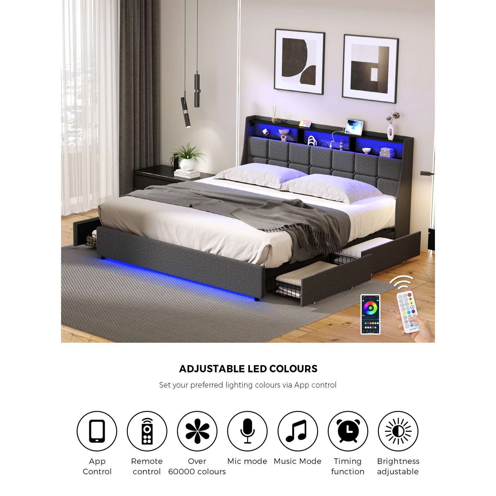 Oikiture King Size Bed Frame Headboard RGB LED Lights with Drawer USB Charge - Sunyee
