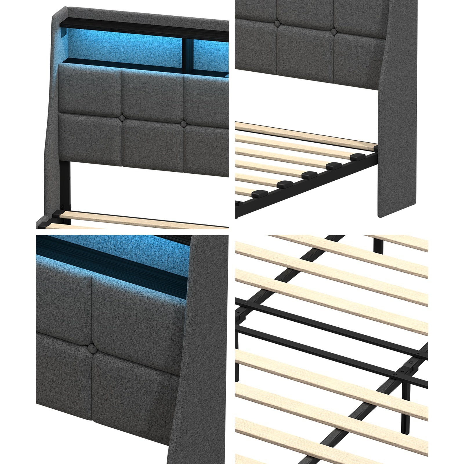 Oikiture King Size Bed Frame Headboard RGB LED Lights with Drawer USB Charge - Sunyee