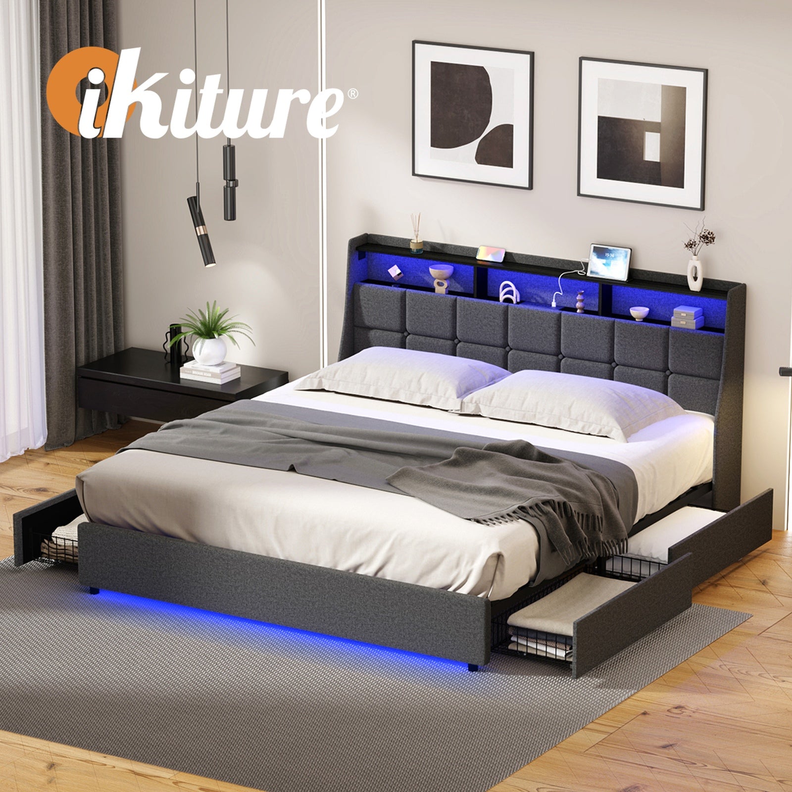 Oikiture King Size Bed Frame Headboard RGB LED Lights with Drawer USB Charge - Sunyee