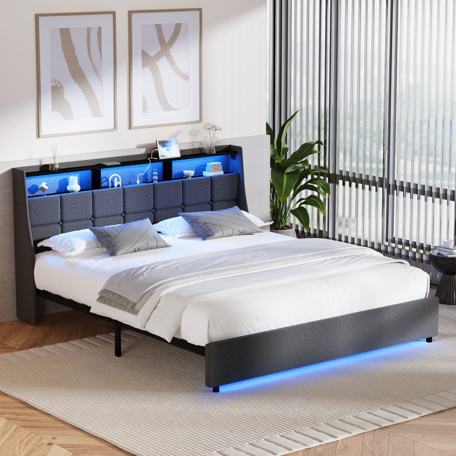 Oikiture Bed Frame Queen Double King Size LED Storge Headboard With USB Charging - Sunyee