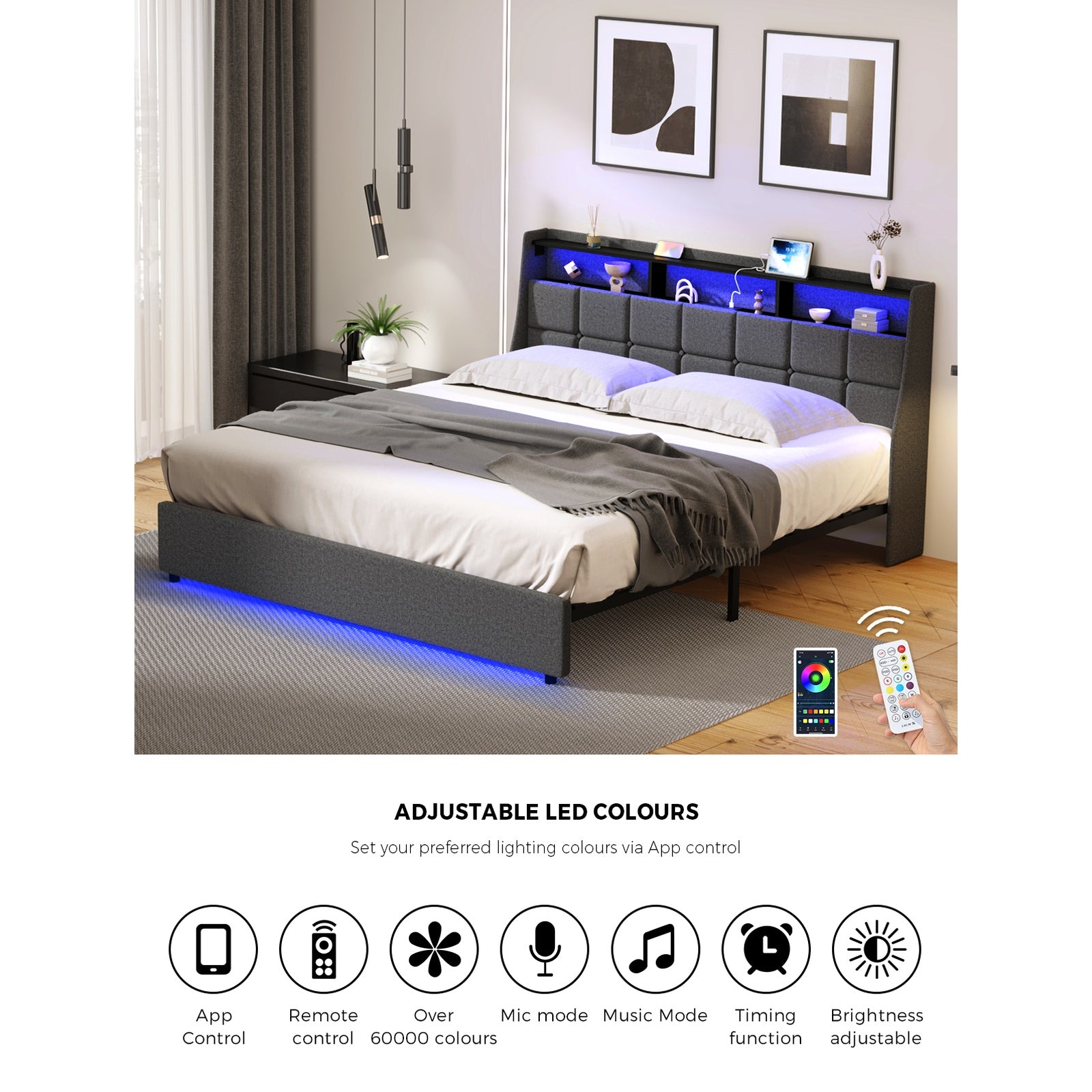 Oikiture King Size Bed Frame With LED Storage Headboard USB Charging - Sunyee