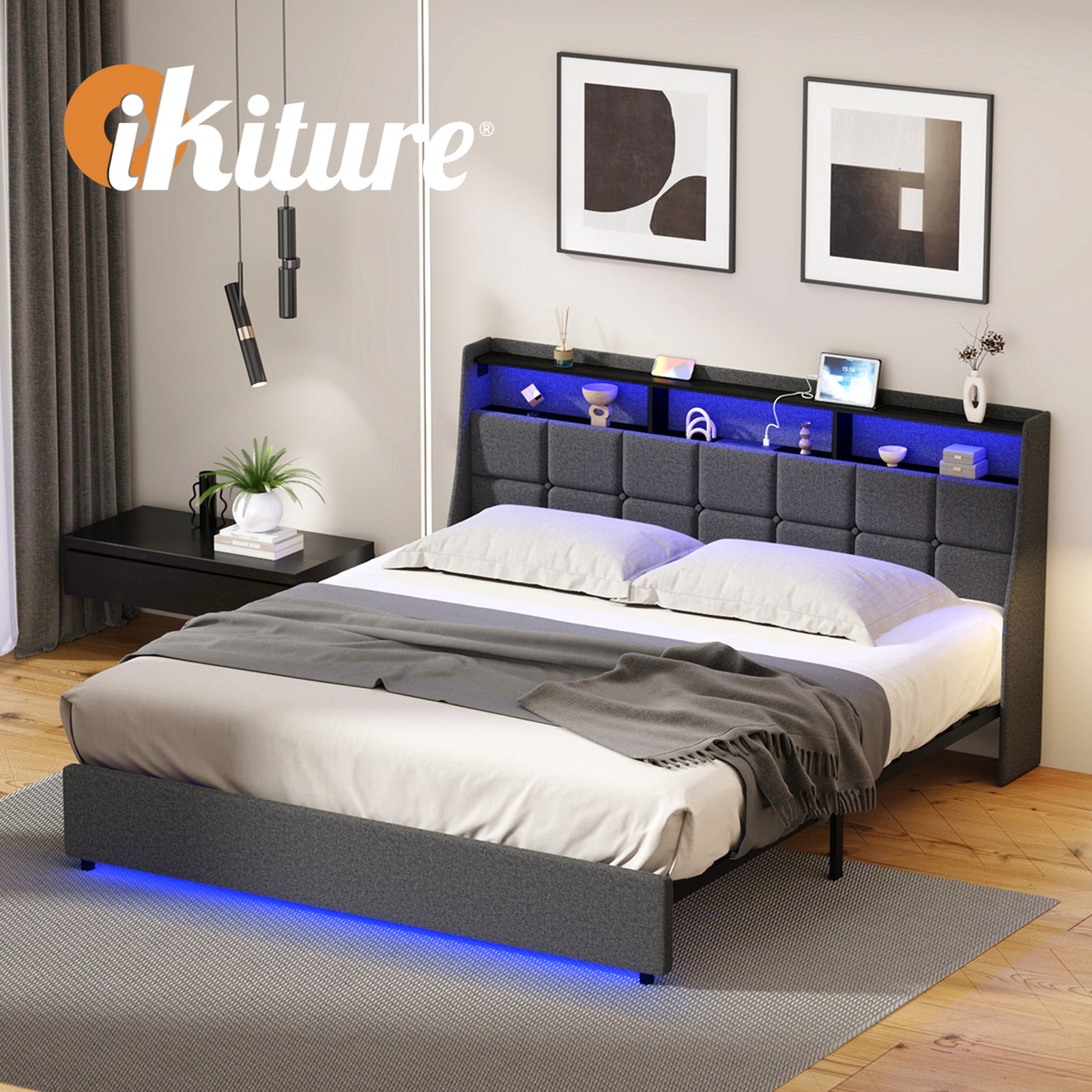 Oikiture King Size Bed Frame With LED Storage Headboard USB Charging - Sunyee