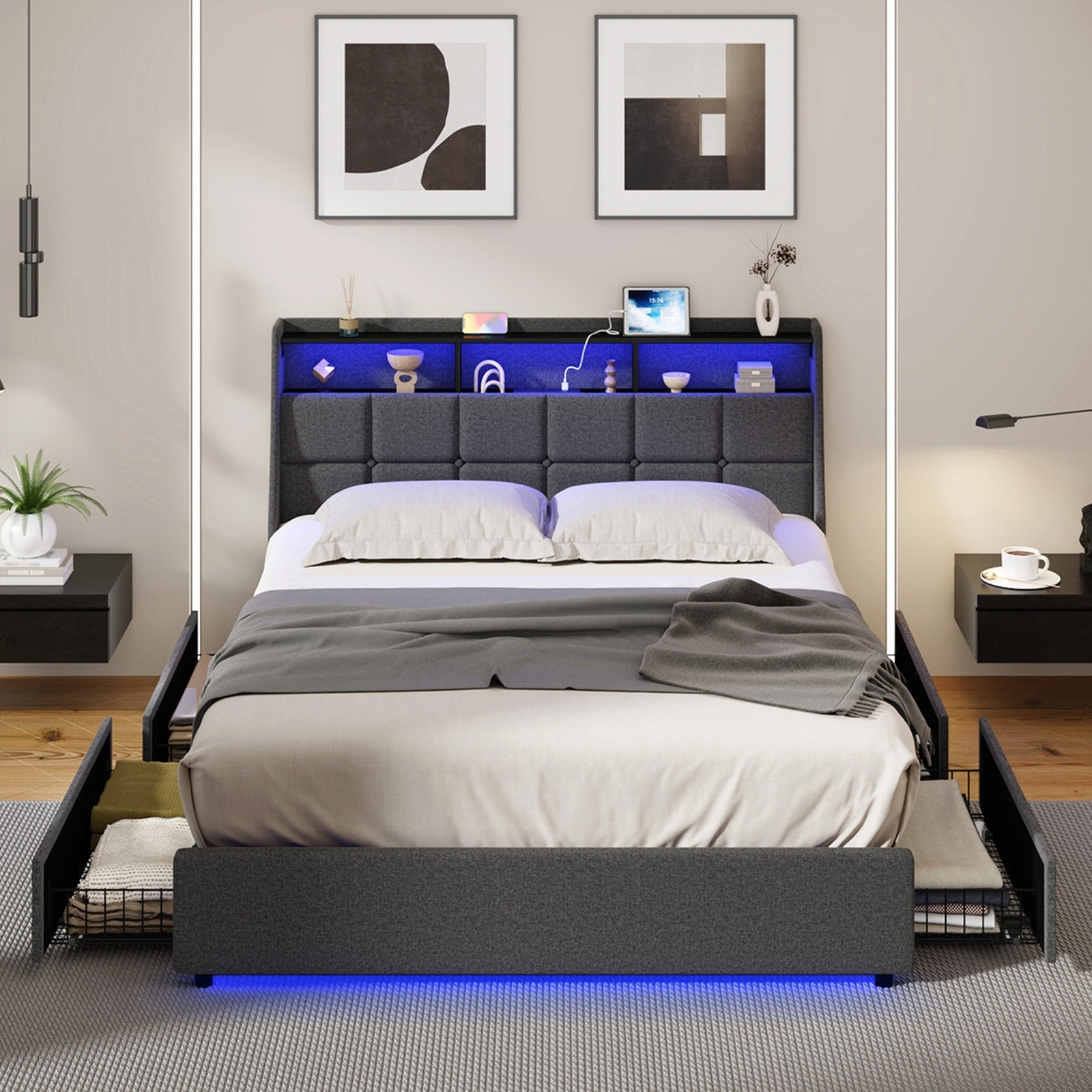 Oikiture Queen Double King Bed Frame LED Storage Headboard & Drawers USB Charge - Sunyee