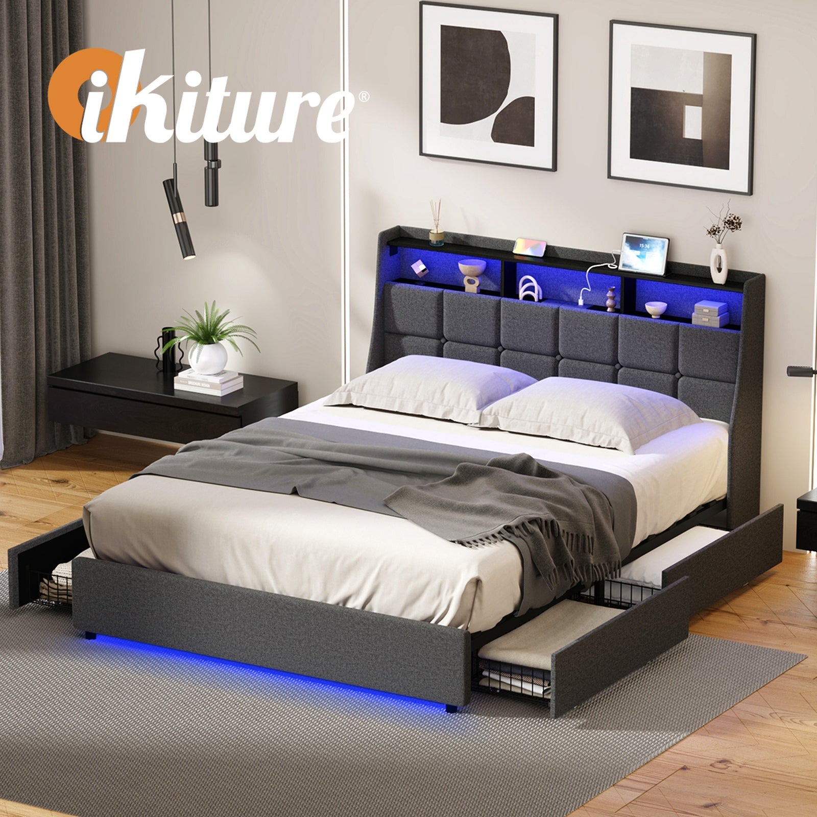 Oikiture Queen Double King Bed Frame LED Storage Headboard & Drawers USB Charge - Sunyee