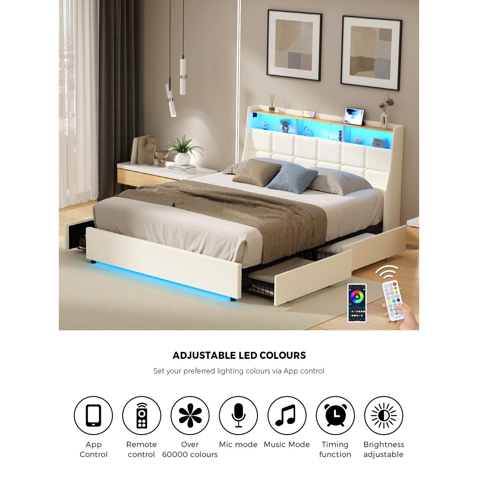 Oikiture Queen Size Bed Frame Headboard RGB Lights with Drawer USB Charge Beige