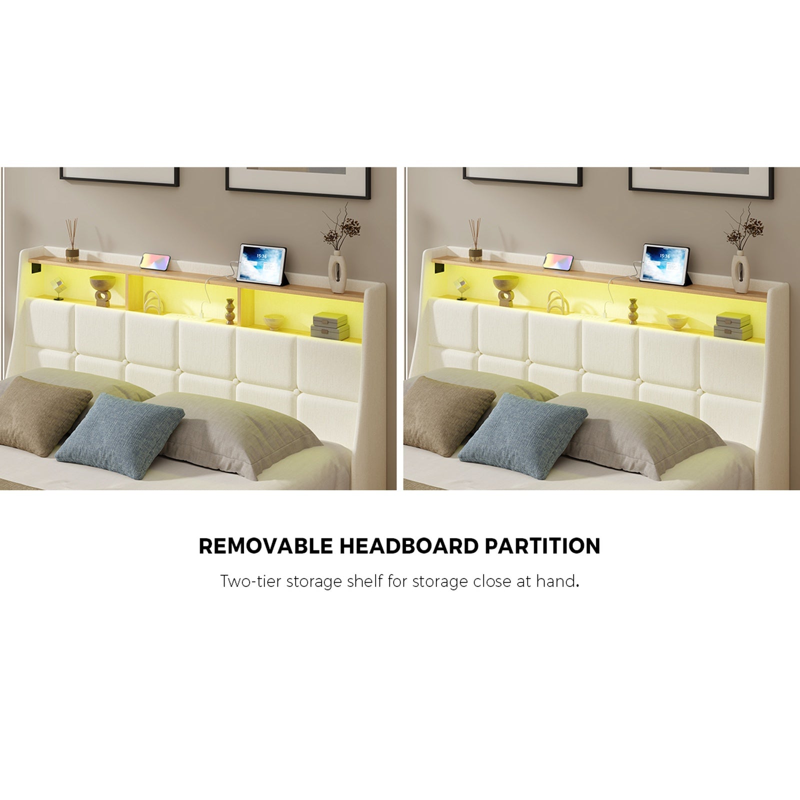 Oikiture Queen Size Bed Frame Headboard RGB Lights with Drawer USB Charge Beige