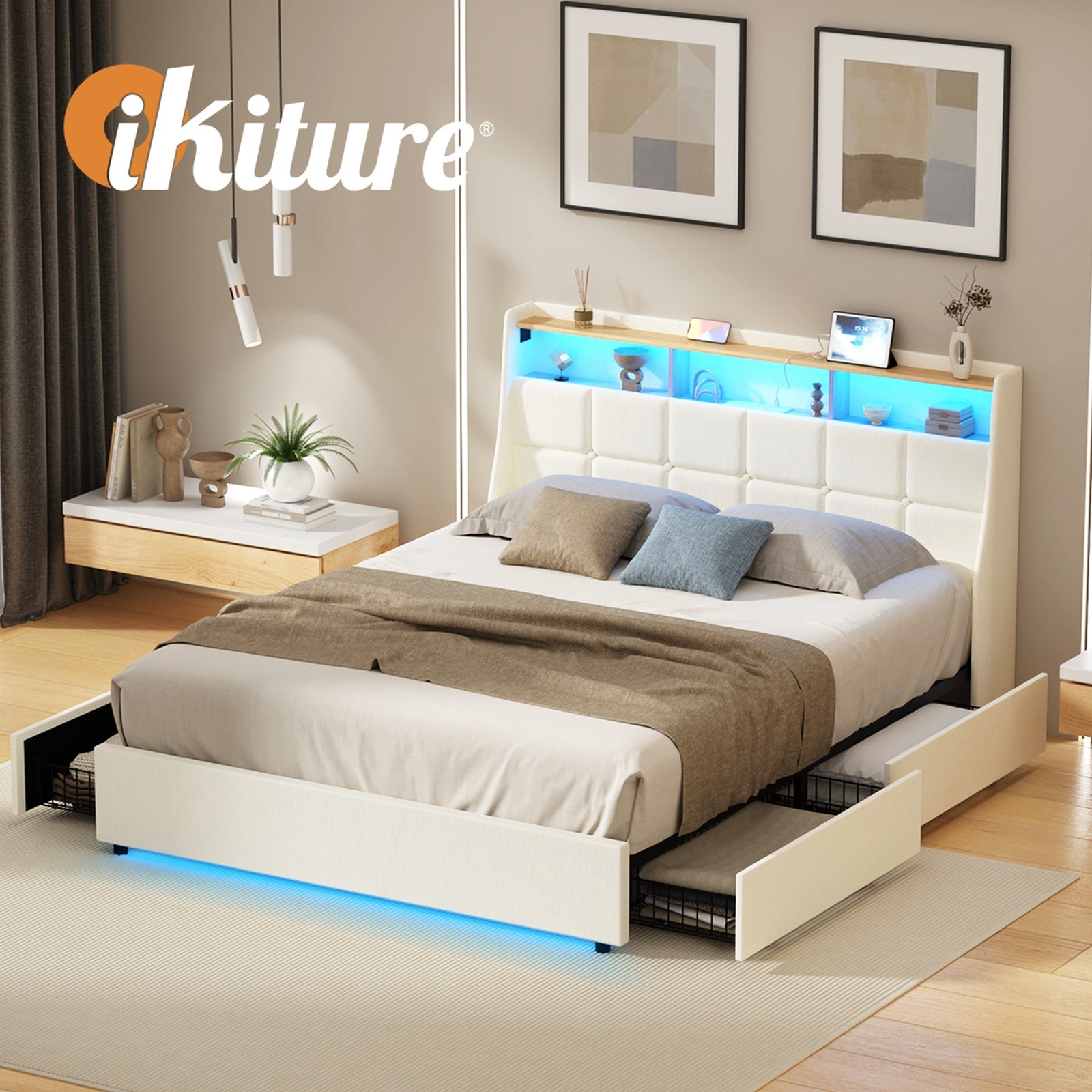 Oikiture Queen Size Bed Frame Headboard RGB Lights with Drawer USB Charge Beige