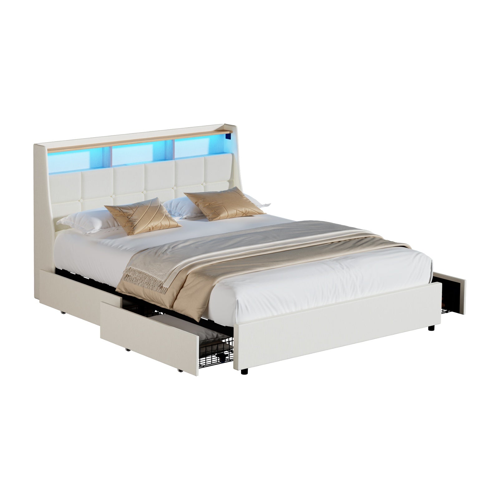 Oikiture Queen Size Bed Frame Headboard RGB Lights with Drawer USB Charge Beige