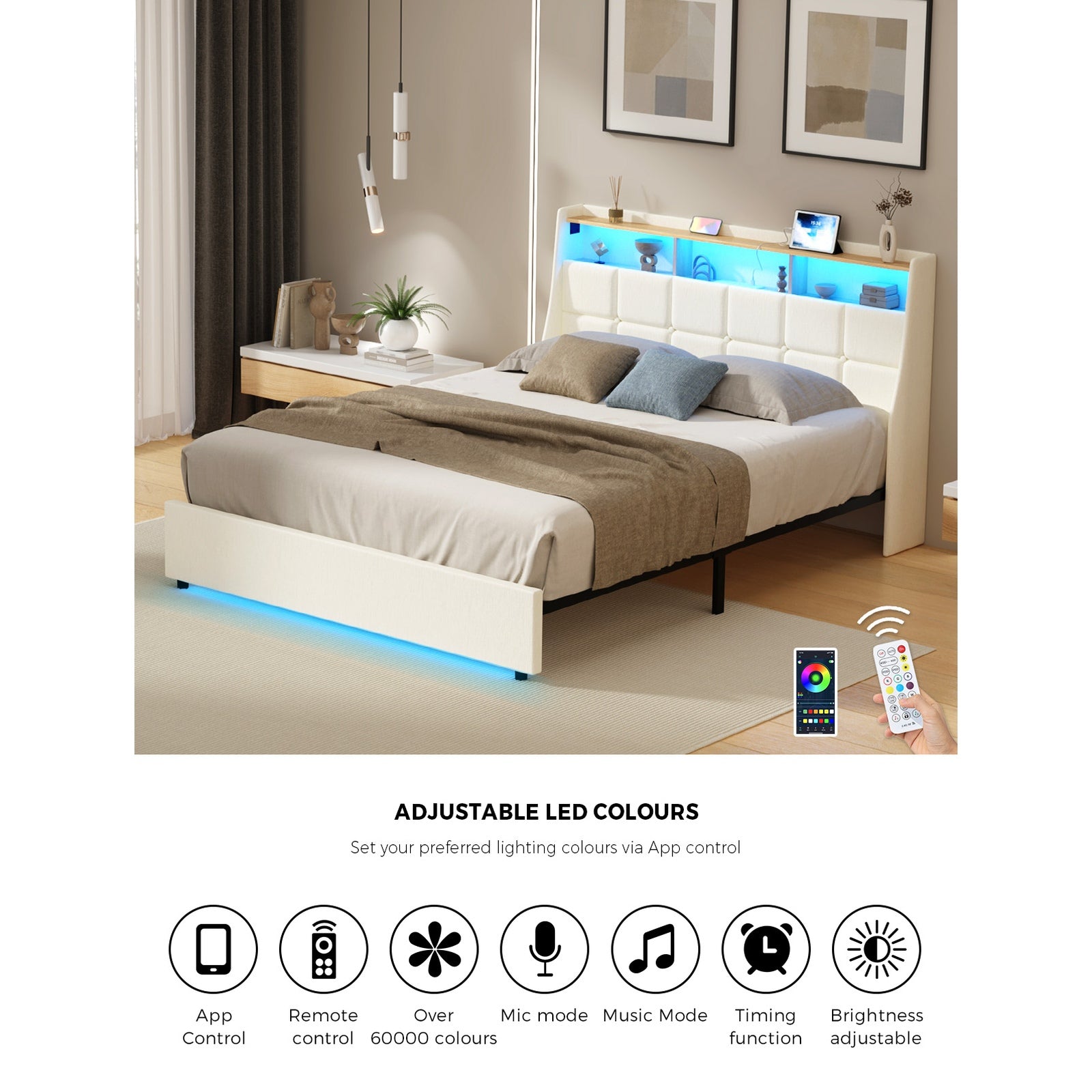 Oikiture Queen Size Bed Frame with LED Storage Headboard USB Charging Beige