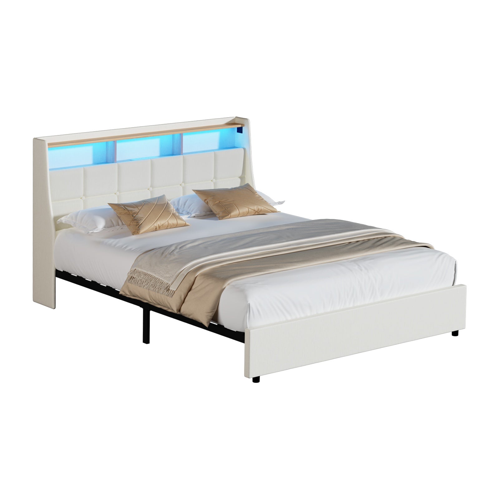 Oikiture Queen Size Bed Frame with LED Storage Headboard USB Charging Beige